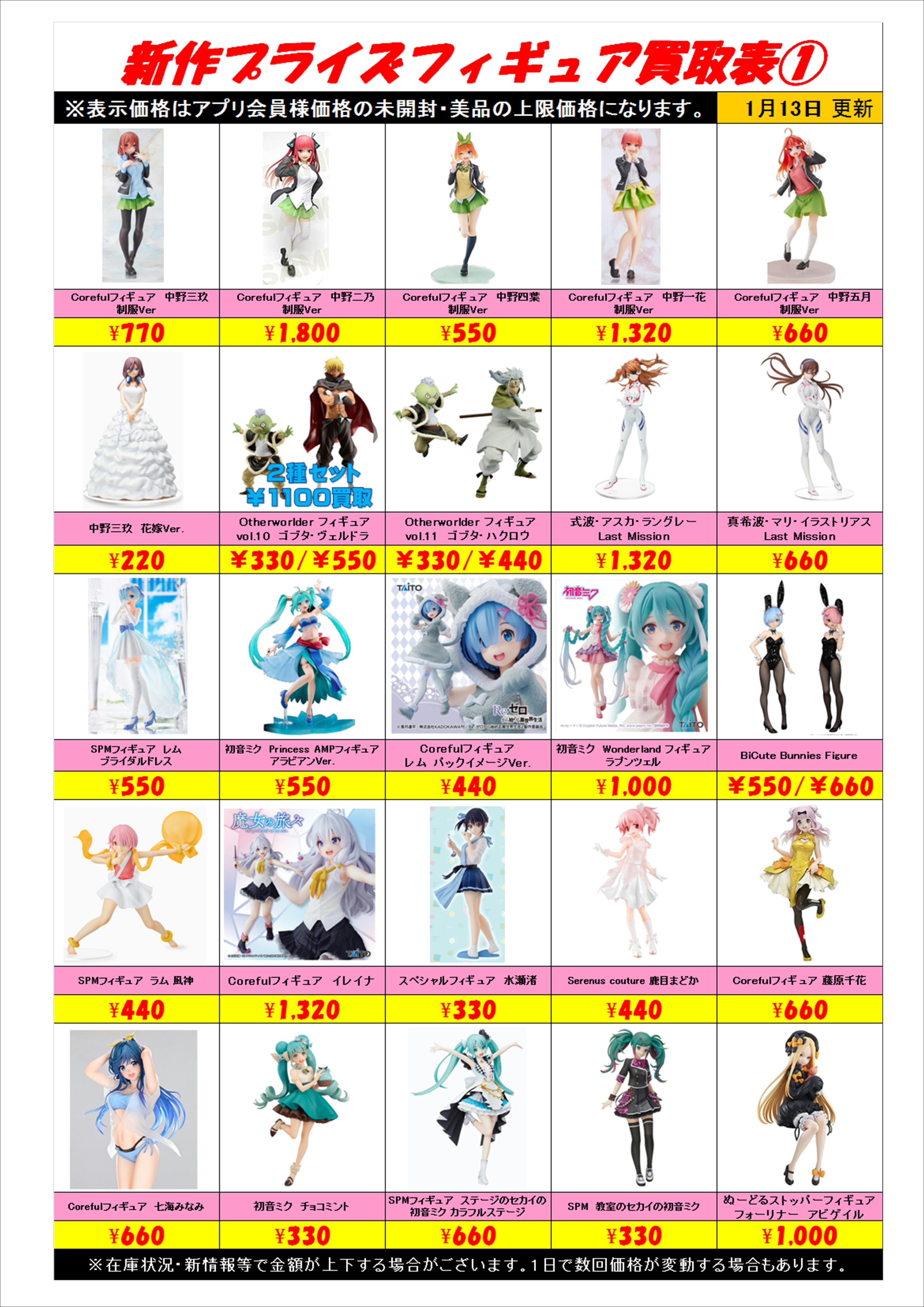 新作プライズフィギュア買取表更新しました！ 1/13 | 千葉鑑定団中央店