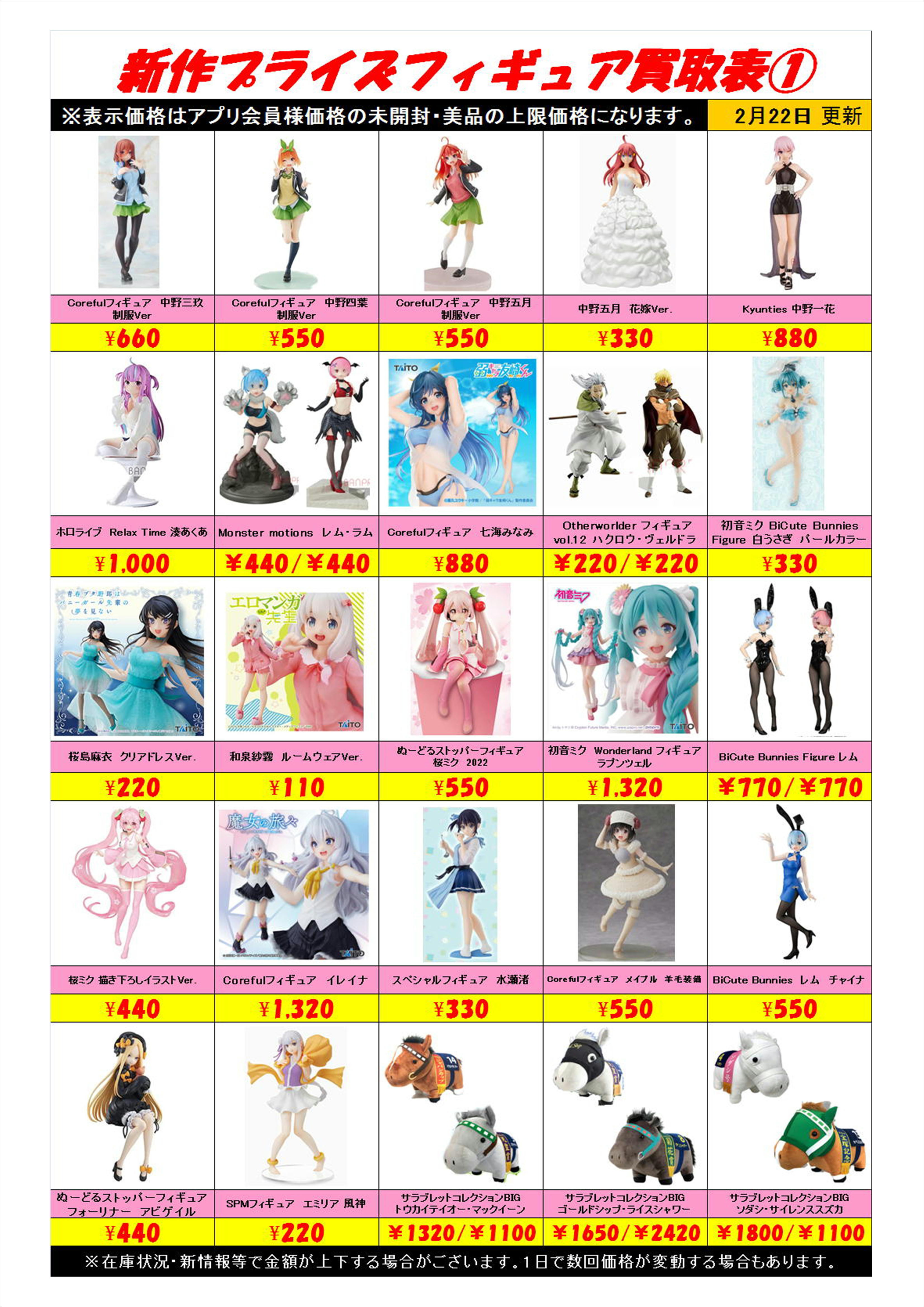 新作プライズフィギュア買取表更新しました！ 2/22 | 千葉鑑定団中央店