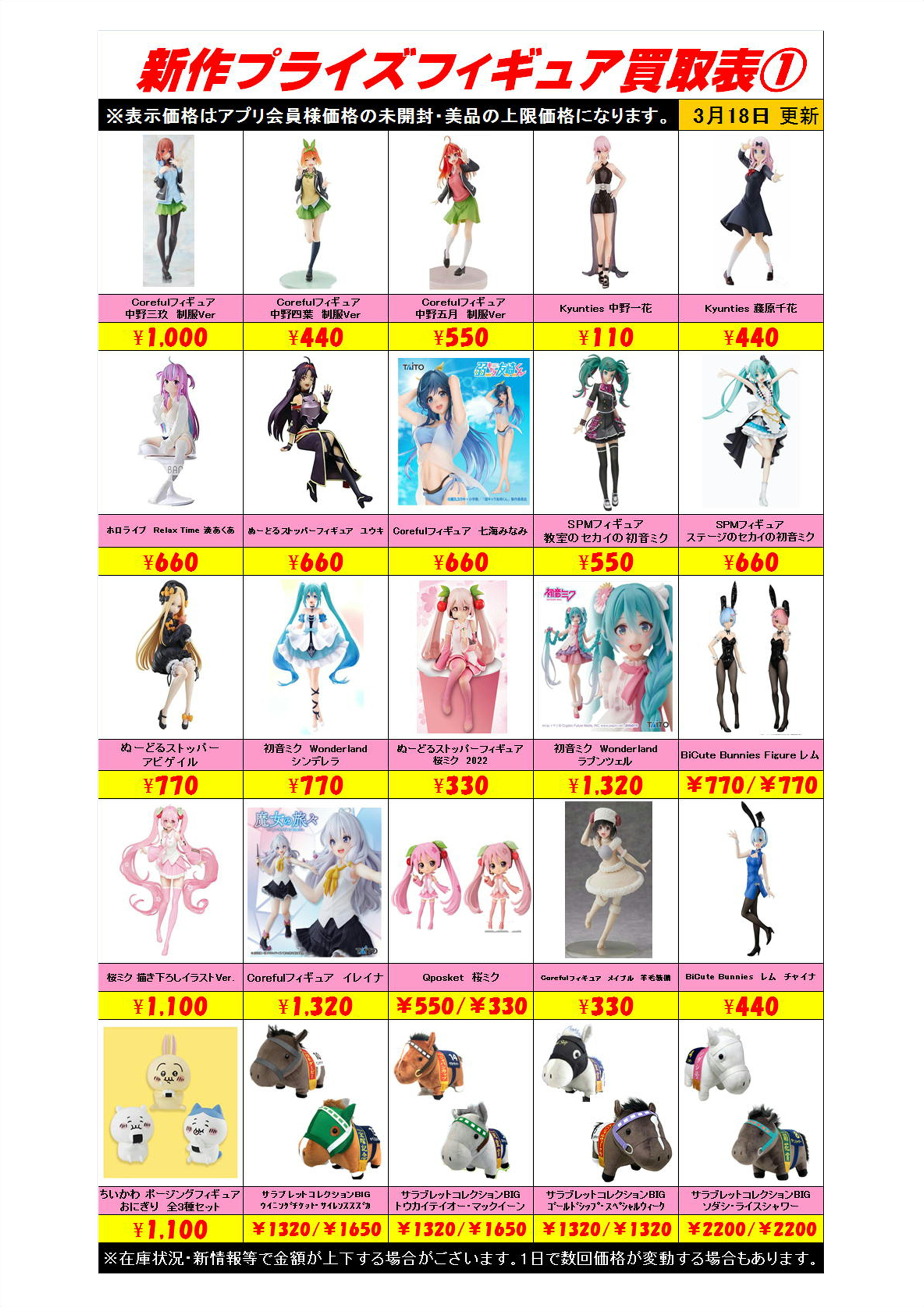 新作プライズフィギュア買取表更新しました！ 3/18 | 千葉鑑定団中央店