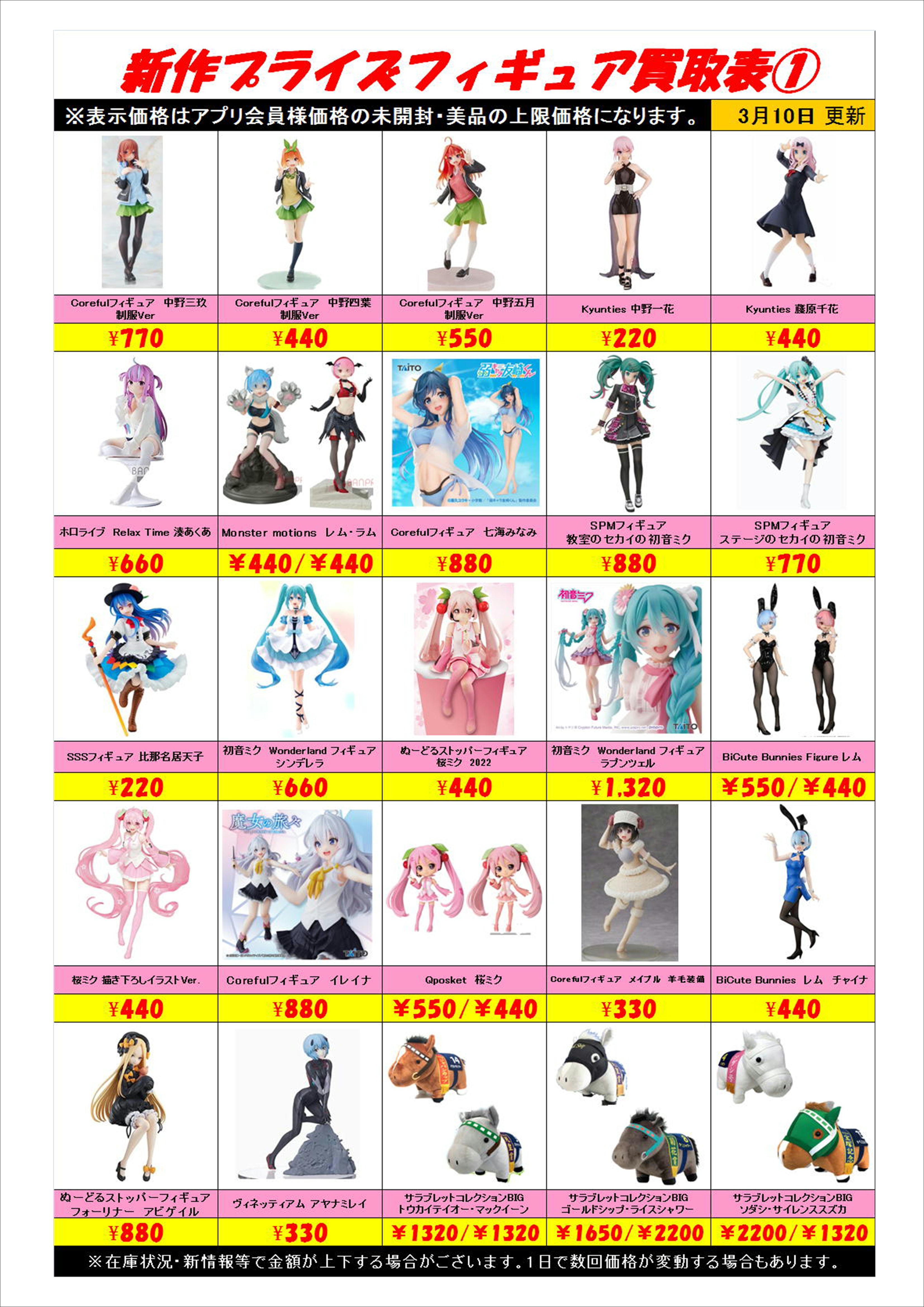新作プライズフィギュア買取リスト更新しました！ 3/15～ | 千葉鑑定団 