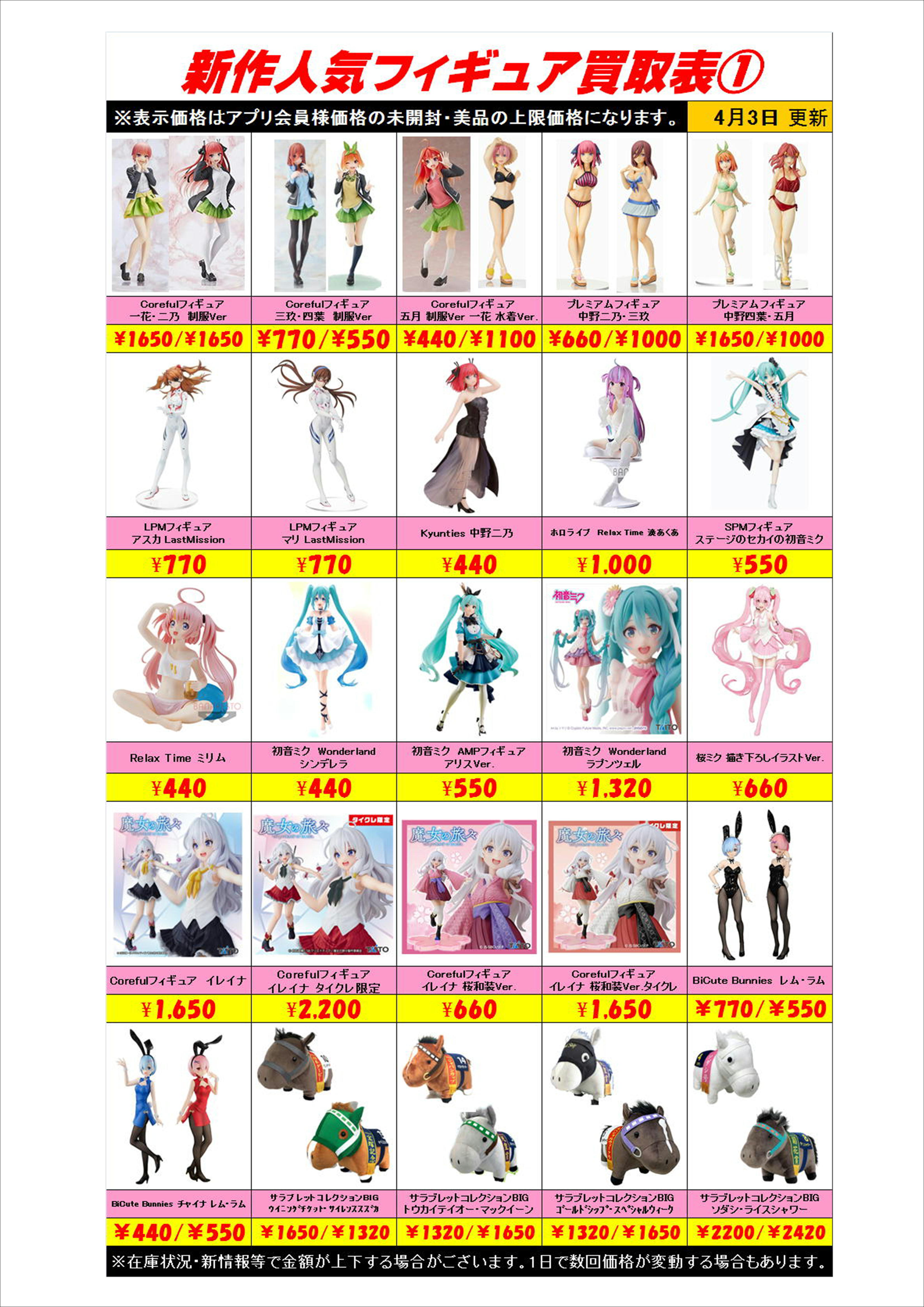 新作プライズフィギュア買取表更新しました！ 4/3 | 千葉鑑定団中央店
