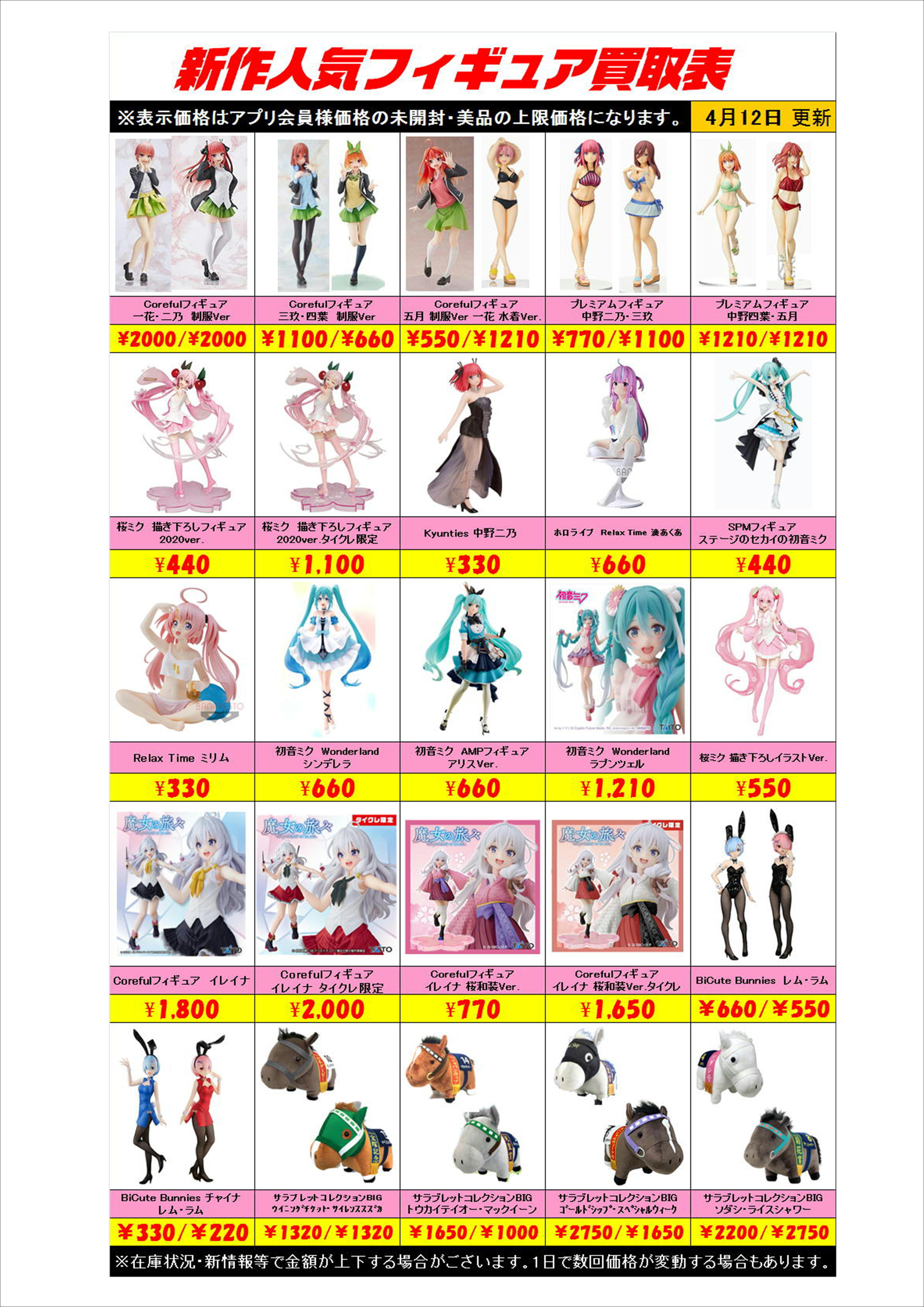 新作プライズフィギュア買取表更新しました！ 4/12 | 千葉鑑定団中央店