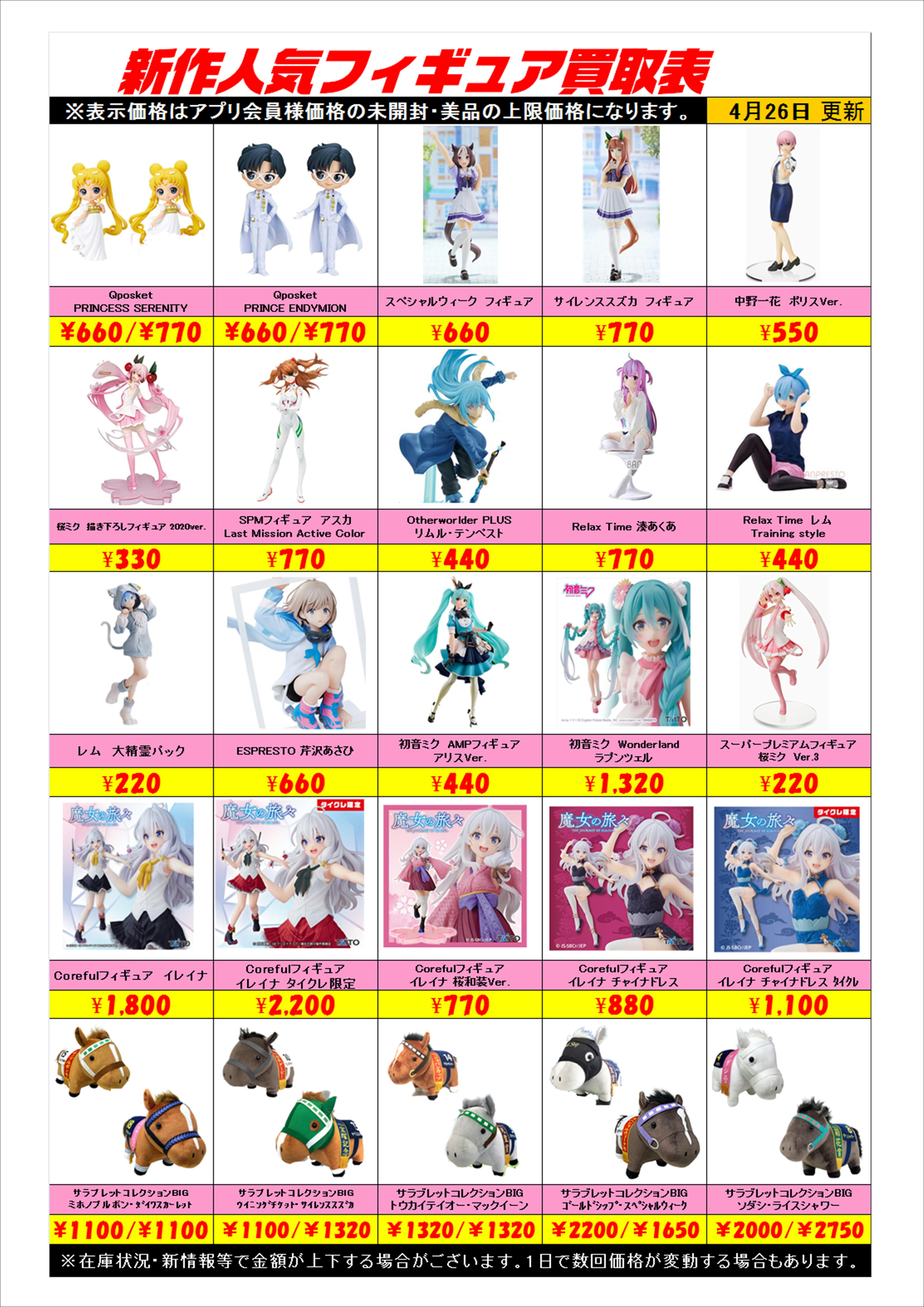 新作プライズフィギュア買取表更新しました！ 4/26 | 千葉鑑定団中央店
