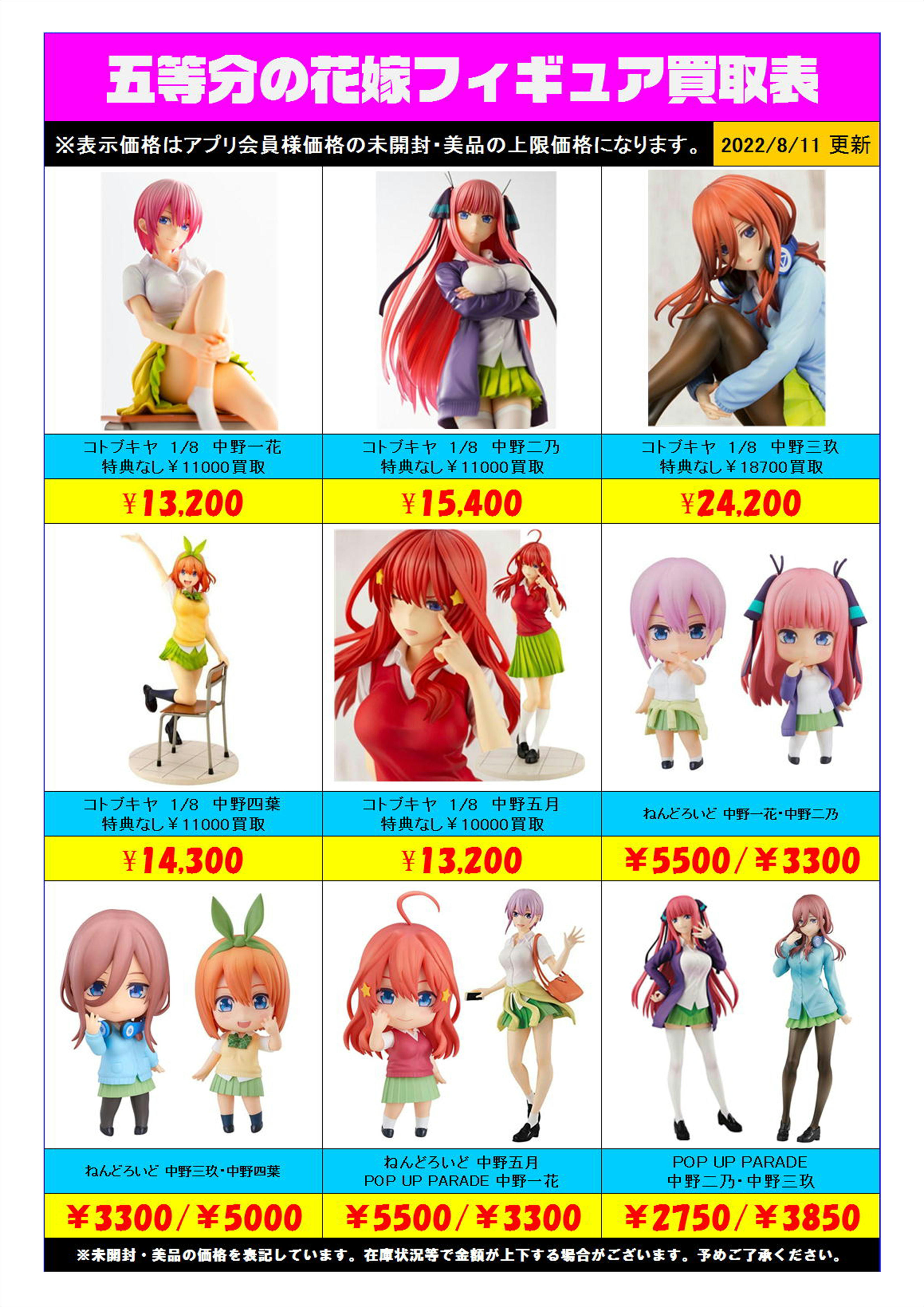 五等分の花嫁・ホロライブフィギュア買取表更新しました！ 8/12 | 千葉 