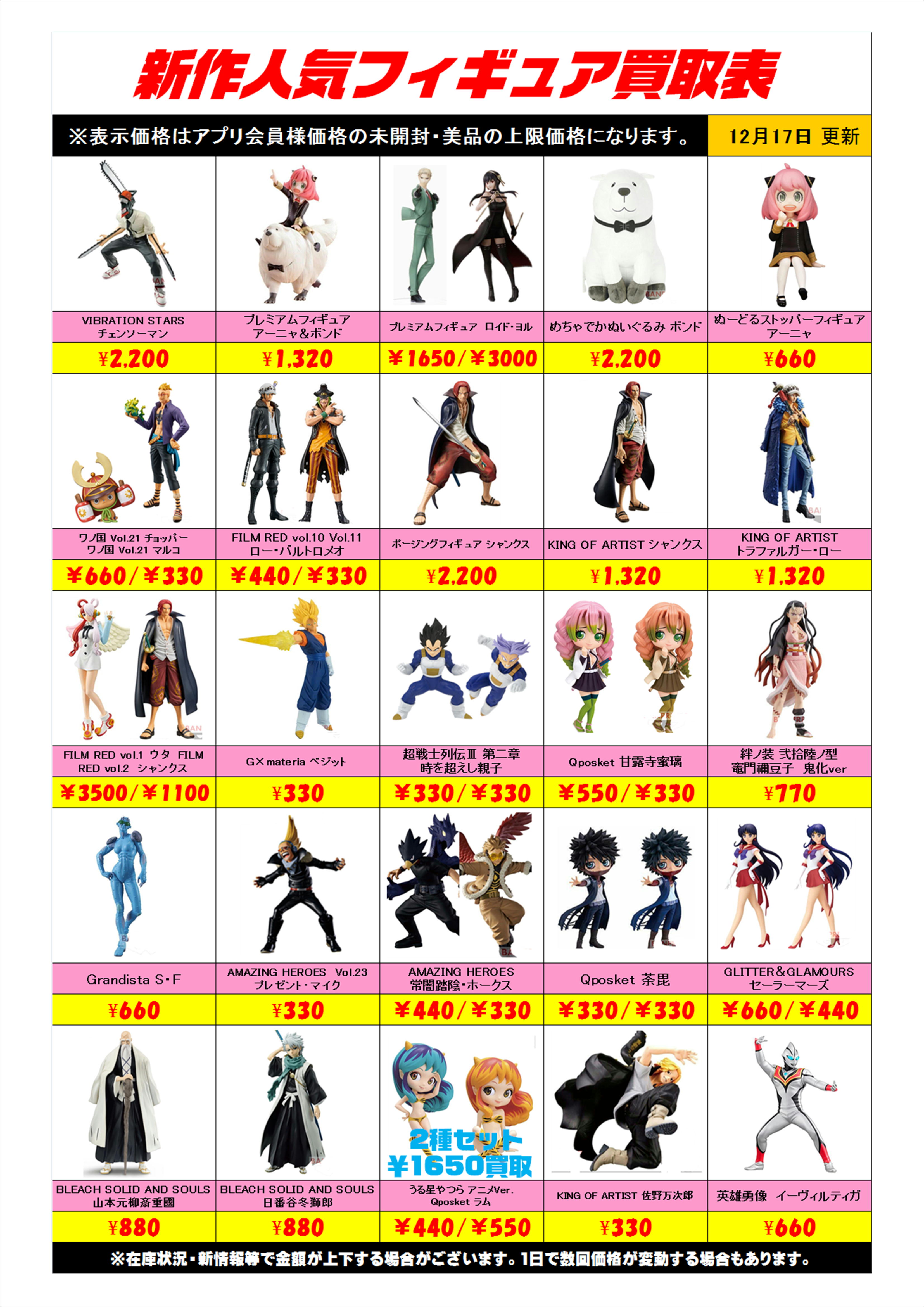 新作プライズフィギュア買取表更新しました！ 12&frasl;17 | 千葉鑑定団中央店