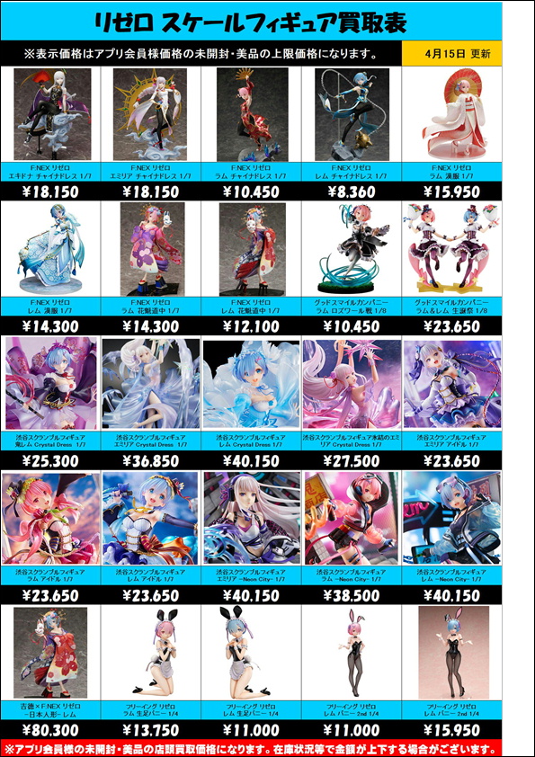 リゼロ関連スケールフィギュア買取表更新しました！！ 4/15 | 千葉鑑定 
