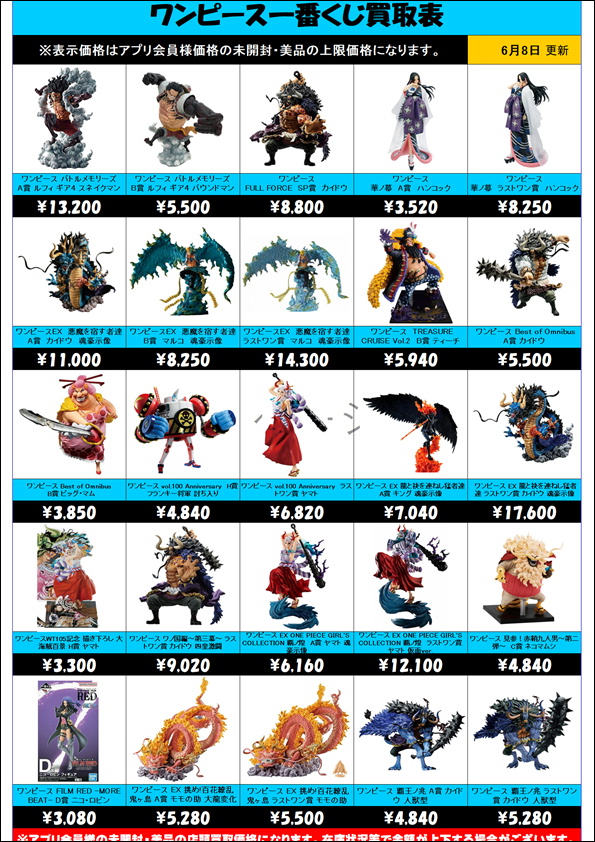 ワンピース一番くじ買取表 更新しました！ 6/8 | 千葉鑑定団中央店 