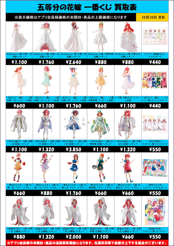 五等分の花嫁 一番くじ 買取表更新しました！ 10/10 | 千葉鑑定団中央店