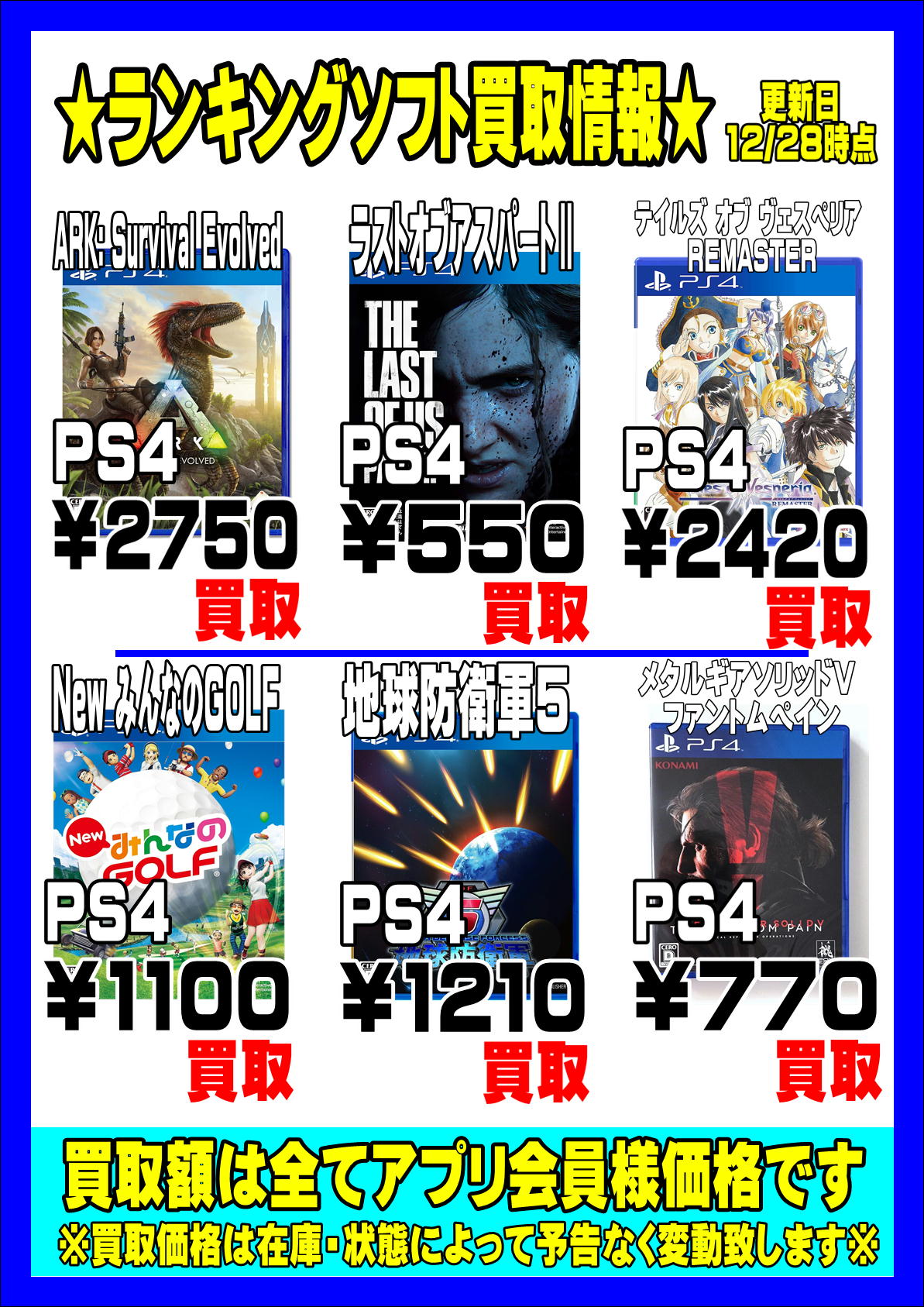 ☆ゲームソフトランキングPS4強化買取情報！！！！！☆12/28現在 