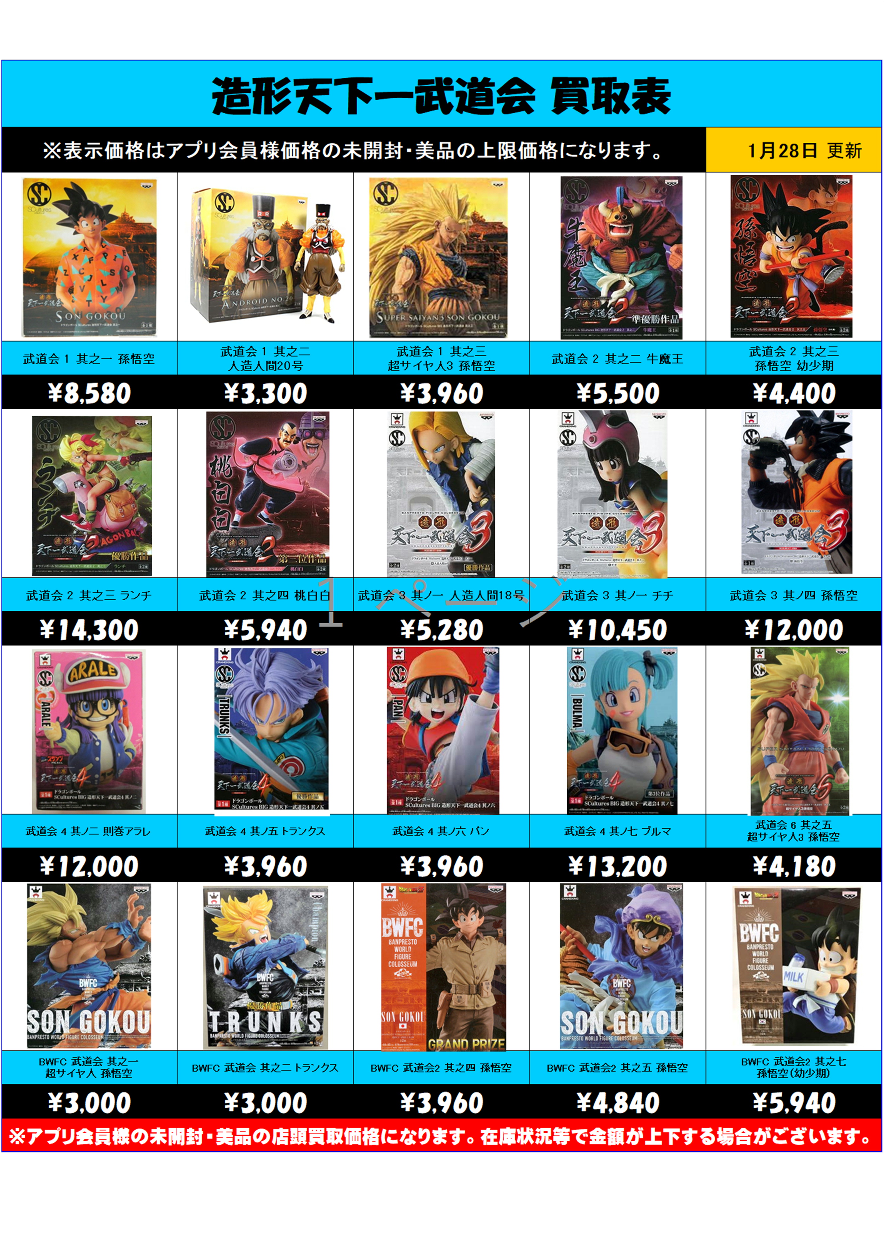 ドラゴンボール 造形天下一武道会 買取表更新しました！！ 1/28 