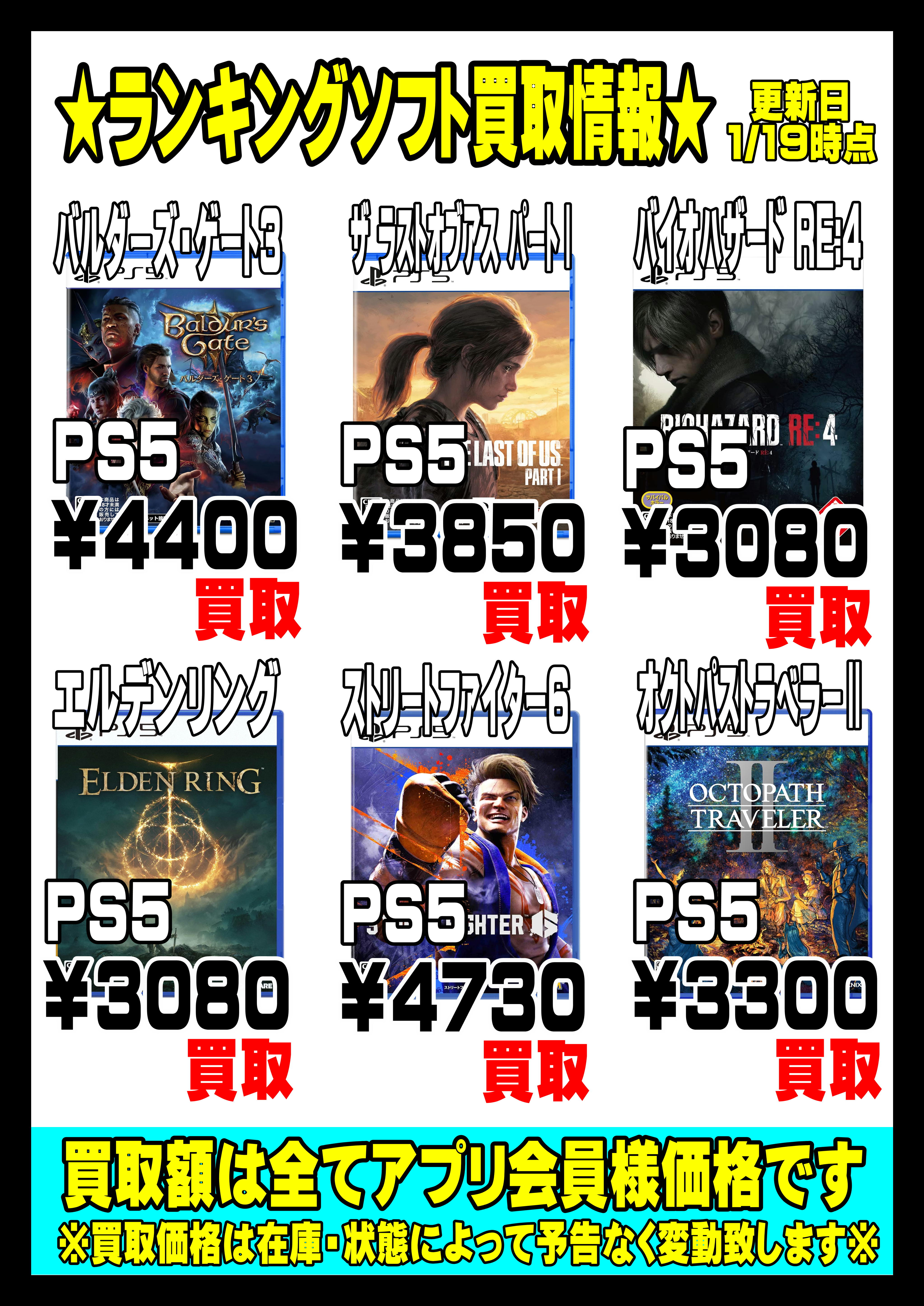 ☆ゲームソフトランキングPS5強化買取情報！！！！！☆1/19現在 | 千葉 
