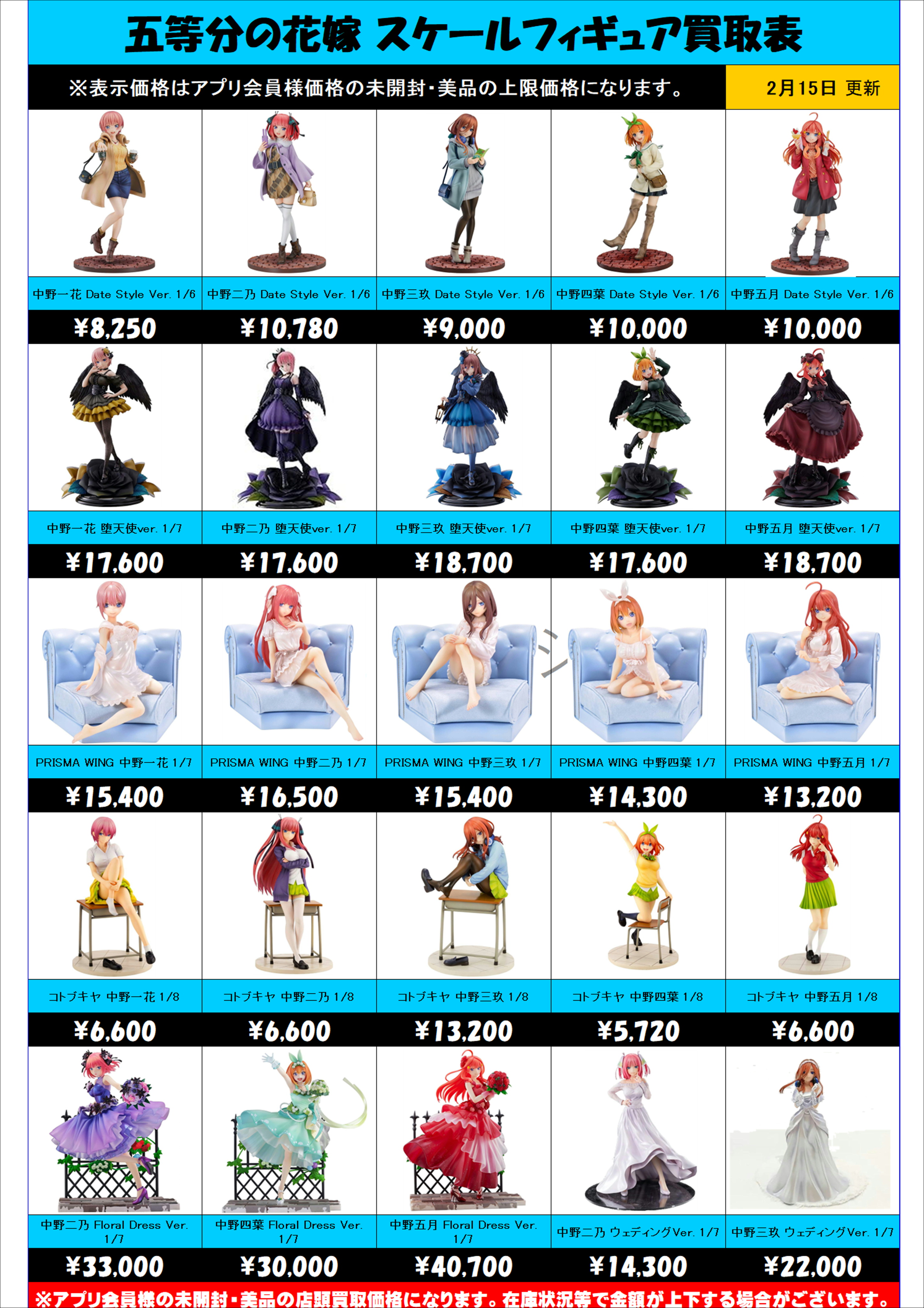 五等分の花嫁スケールフィギュア買取表 更新しました！！ 2/15 