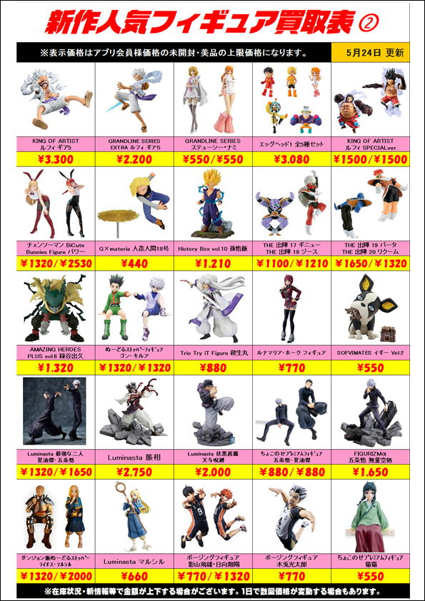 新作プライズフィギュア買取リスト更新しました！ 5/24～ | 千葉鑑定団 
