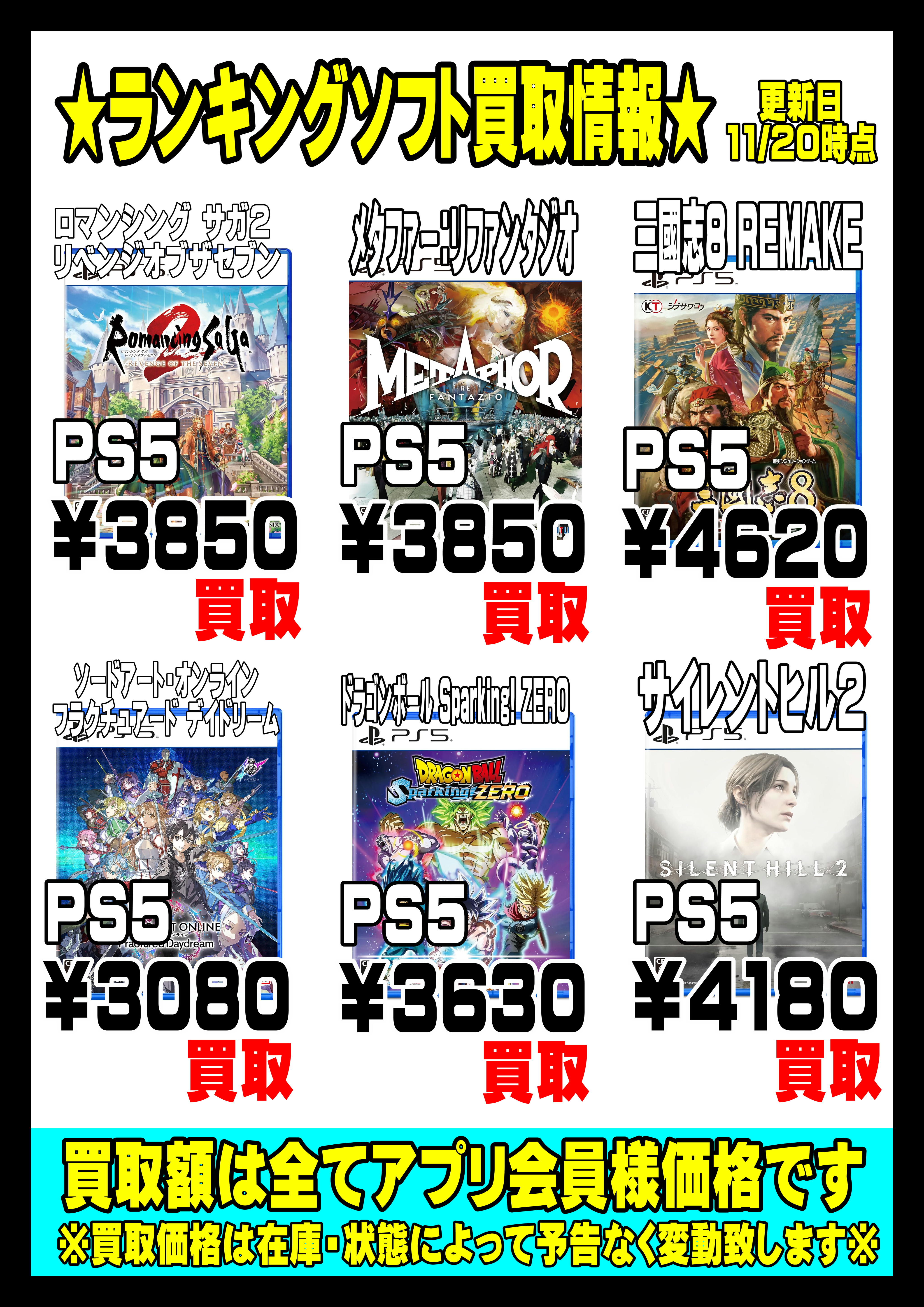 ☆週間ゲームソフトランキングPS5強化買取情報！！！！！☆11/20現在 