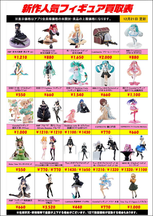 新作プライズフィギュア買取リスト更新しました！ 12/21～ | 千葉鑑定 