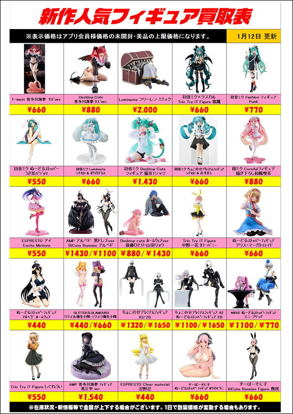 新作プライズフィギュア買取リスト更新しました！ 1/12～ | 千葉鑑定団 