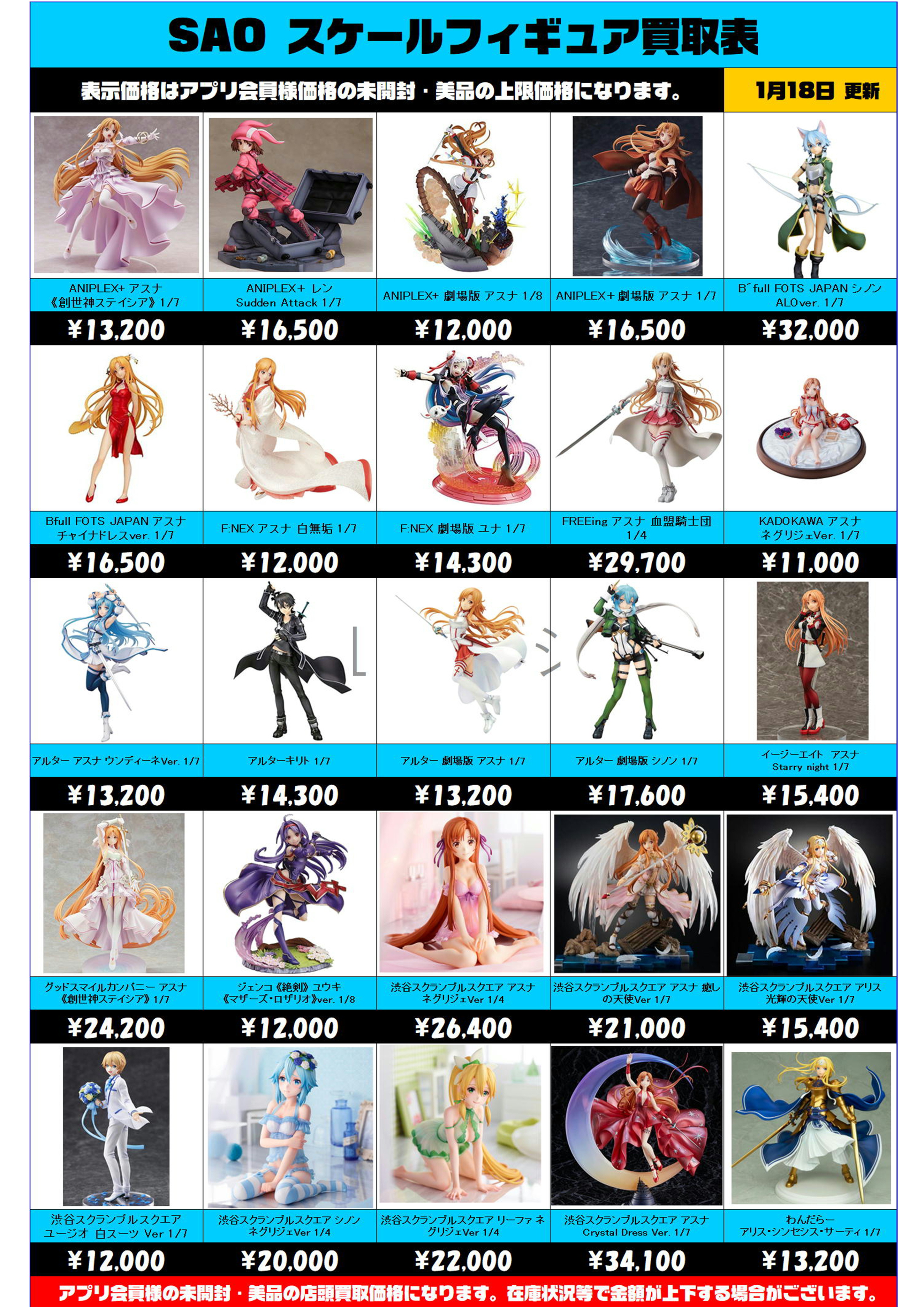 SAO スケールフィギュア買取表更新しました！！ 1/18～ | 千葉鑑定団中央店