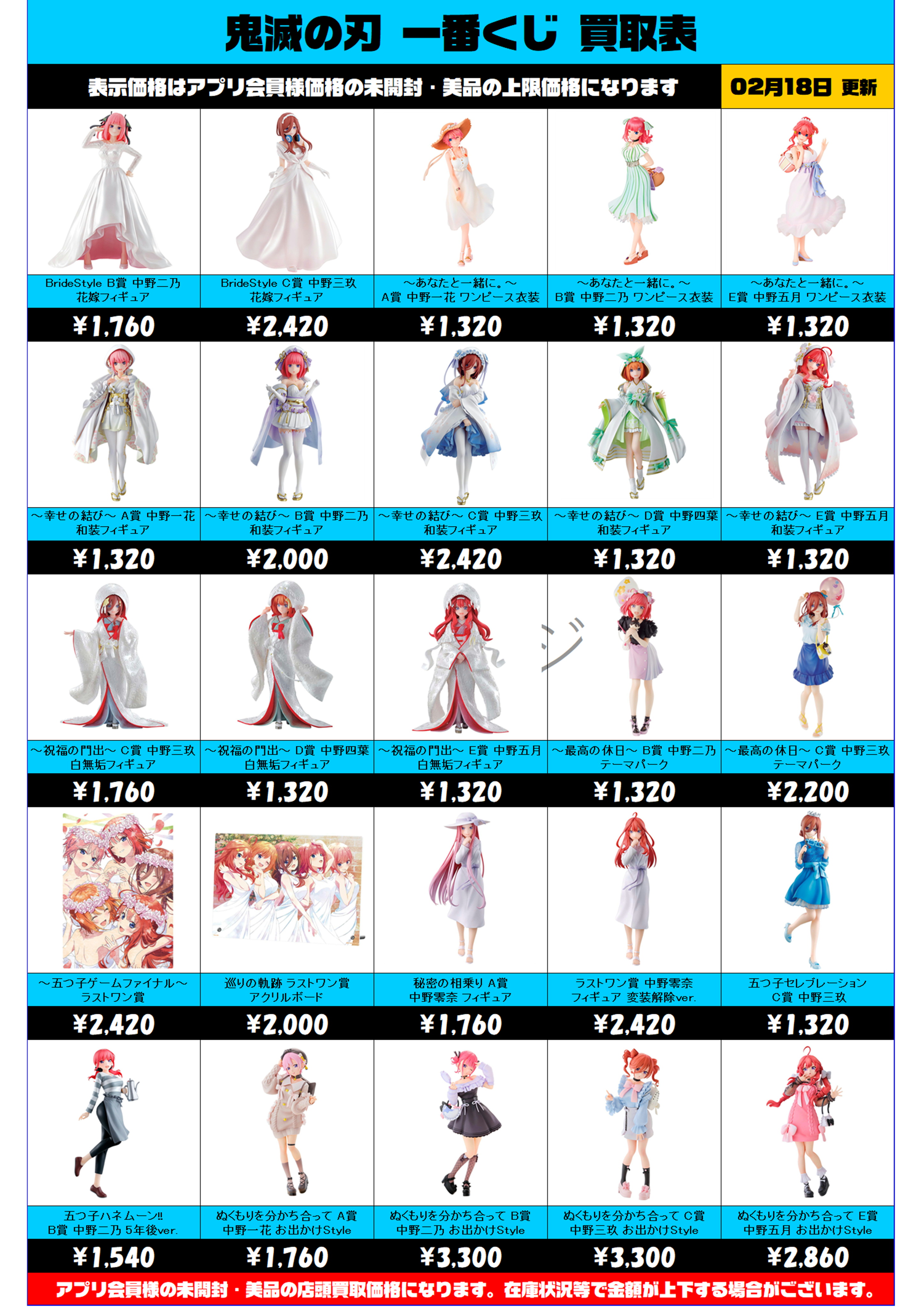 五等分の花嫁 一番くじ 買取表更新しました！ 2/18～ | 千葉鑑定団中央店