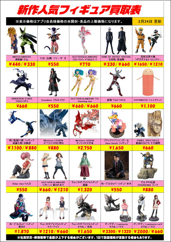 新作プライズフィギュア買取リスト更新しました！ 2/24～ | 千葉鑑定団 