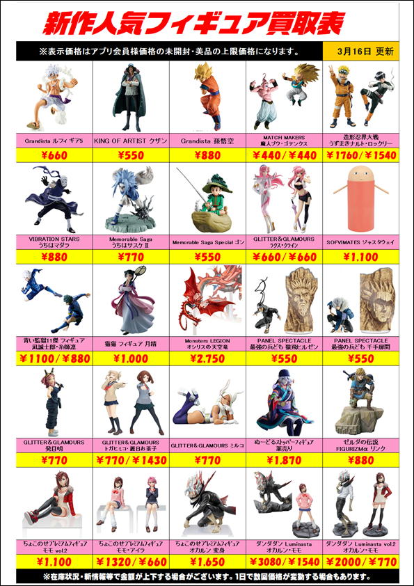 新作プライズフィギュア買取リスト更新しました！ 3/16～ | 千葉鑑定団 
