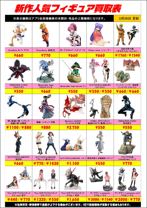 新作プライズフィギュア買取リスト更新しました！ 3/26～ | 千葉鑑定団 