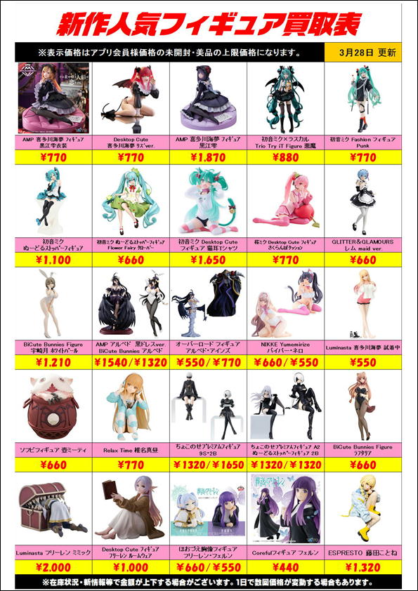 新作プライズフィギュア買取リスト更新しました！ 3/28～ | 千葉鑑定団 