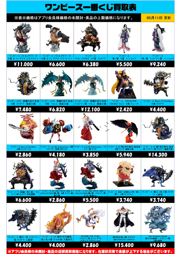 ワンピース一番くじ買取表 更新しました！5/11～ | 千葉鑑定団中央店 
