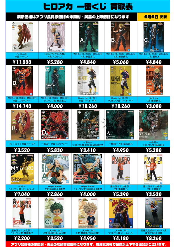 ヒロアカ一番くじ買取表 更新しました！ 6/6～ | 千葉鑑定団中央店