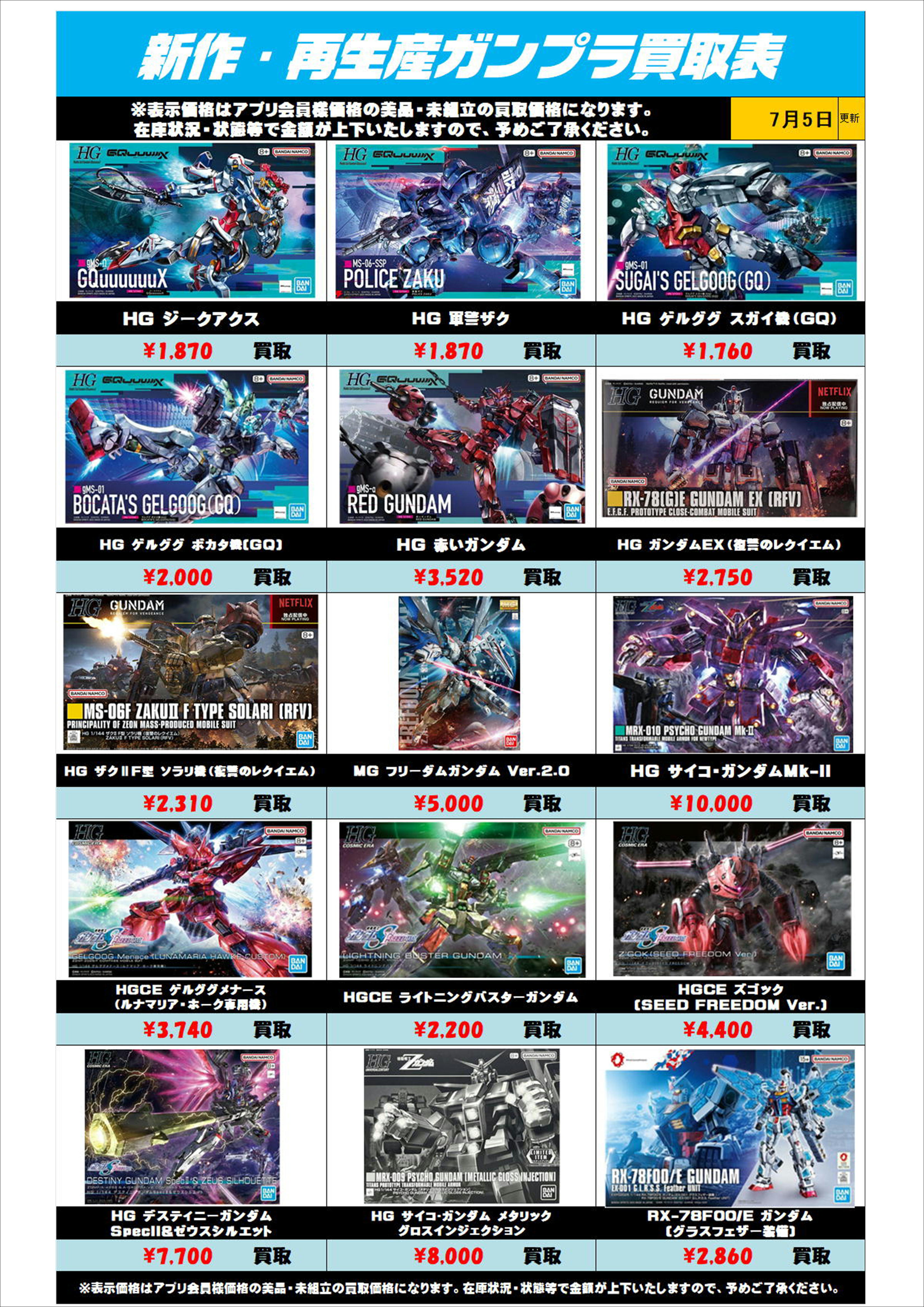 新作・再販ガンプラ買取リスト更新しました！ 7/5～ プラスアップ 