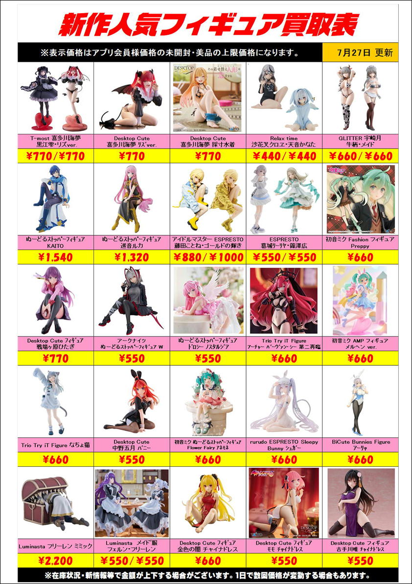 新作プライズフィギュア買取表更新しました！ 7/27～ プラスアップ 