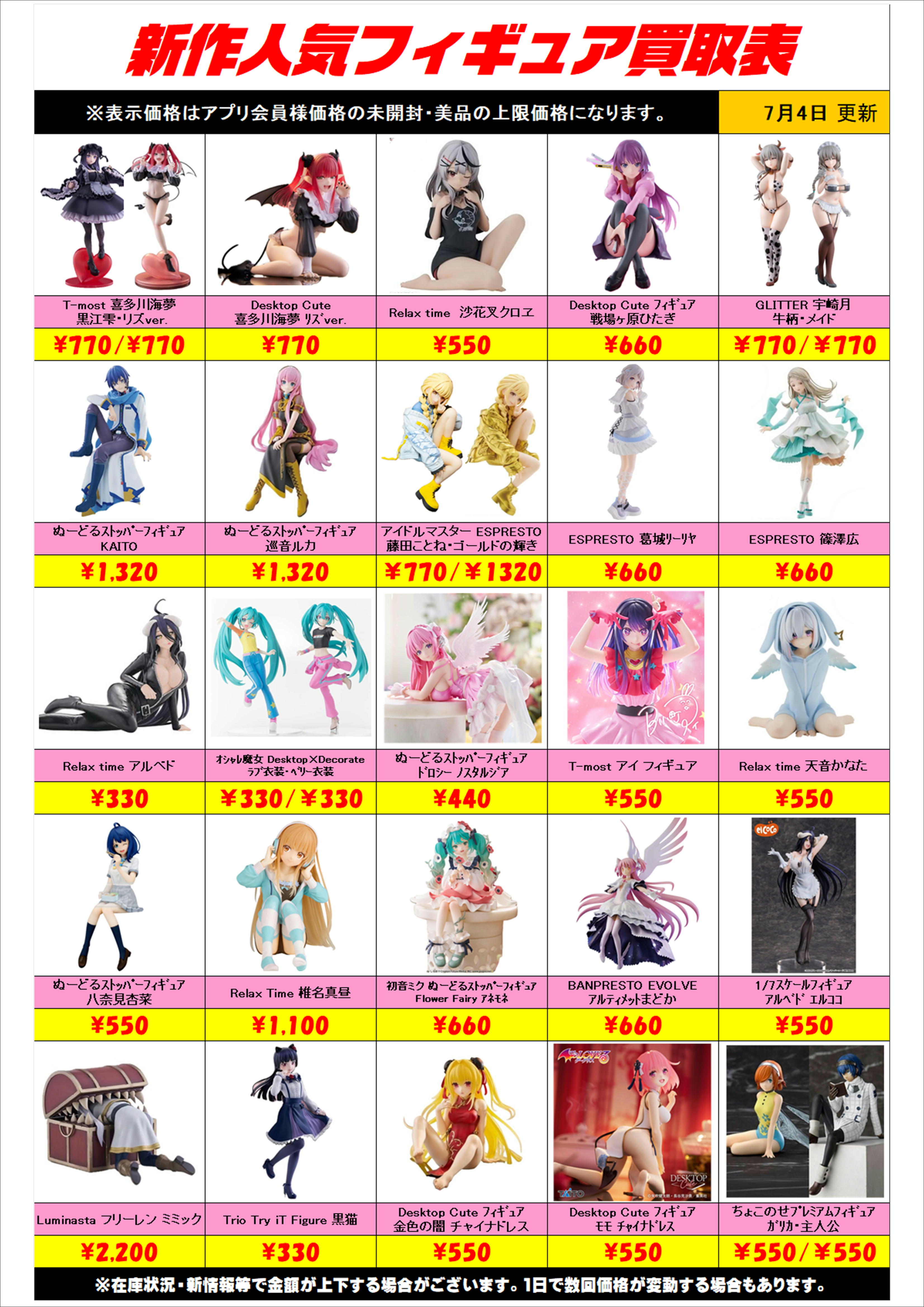 新作プライズフィギュア買取表更新しました！ 7/4～ プラスアップ 