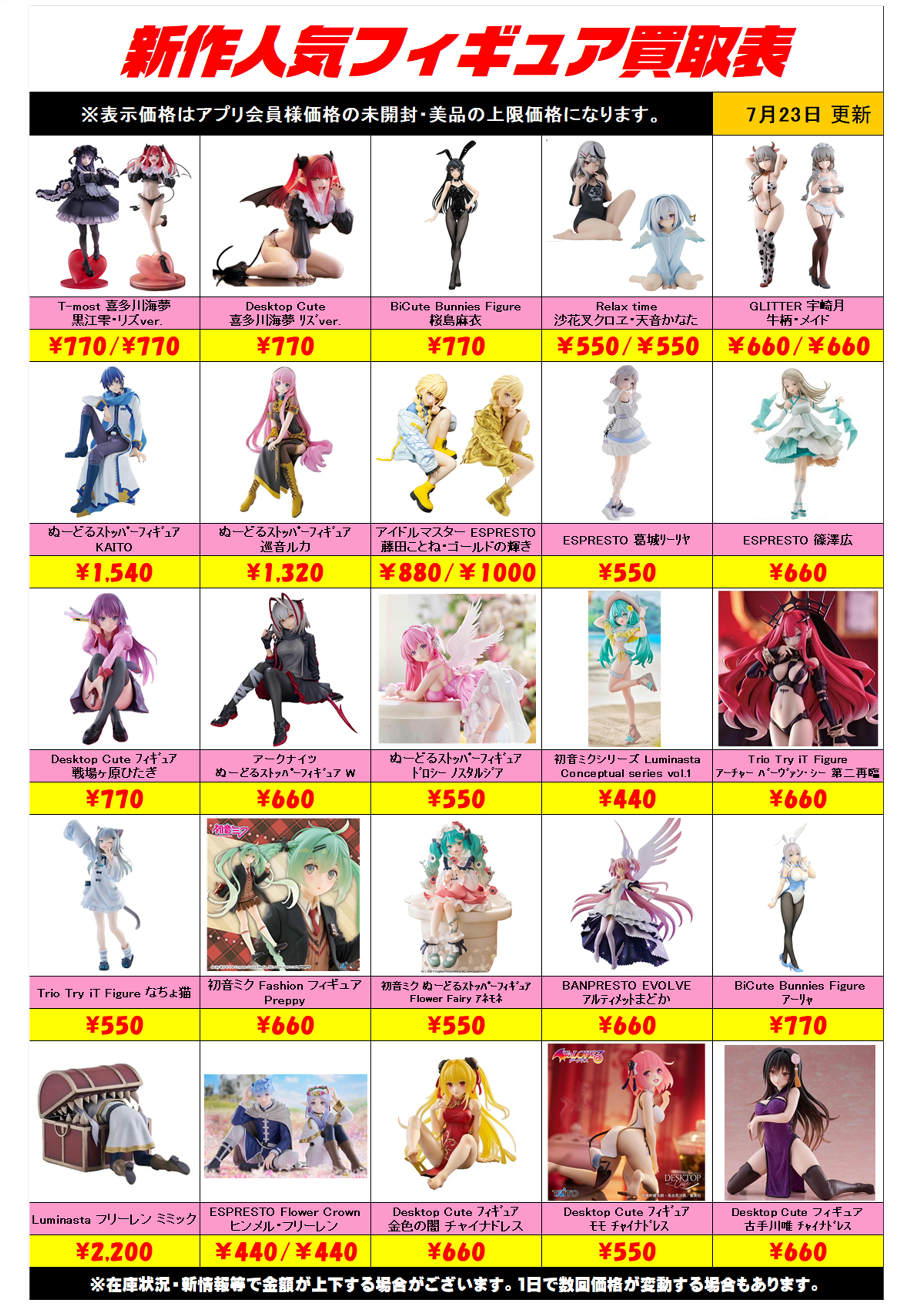 新作プライズフィギュア買取表更新しました！ 7/23～ プラスアップ 