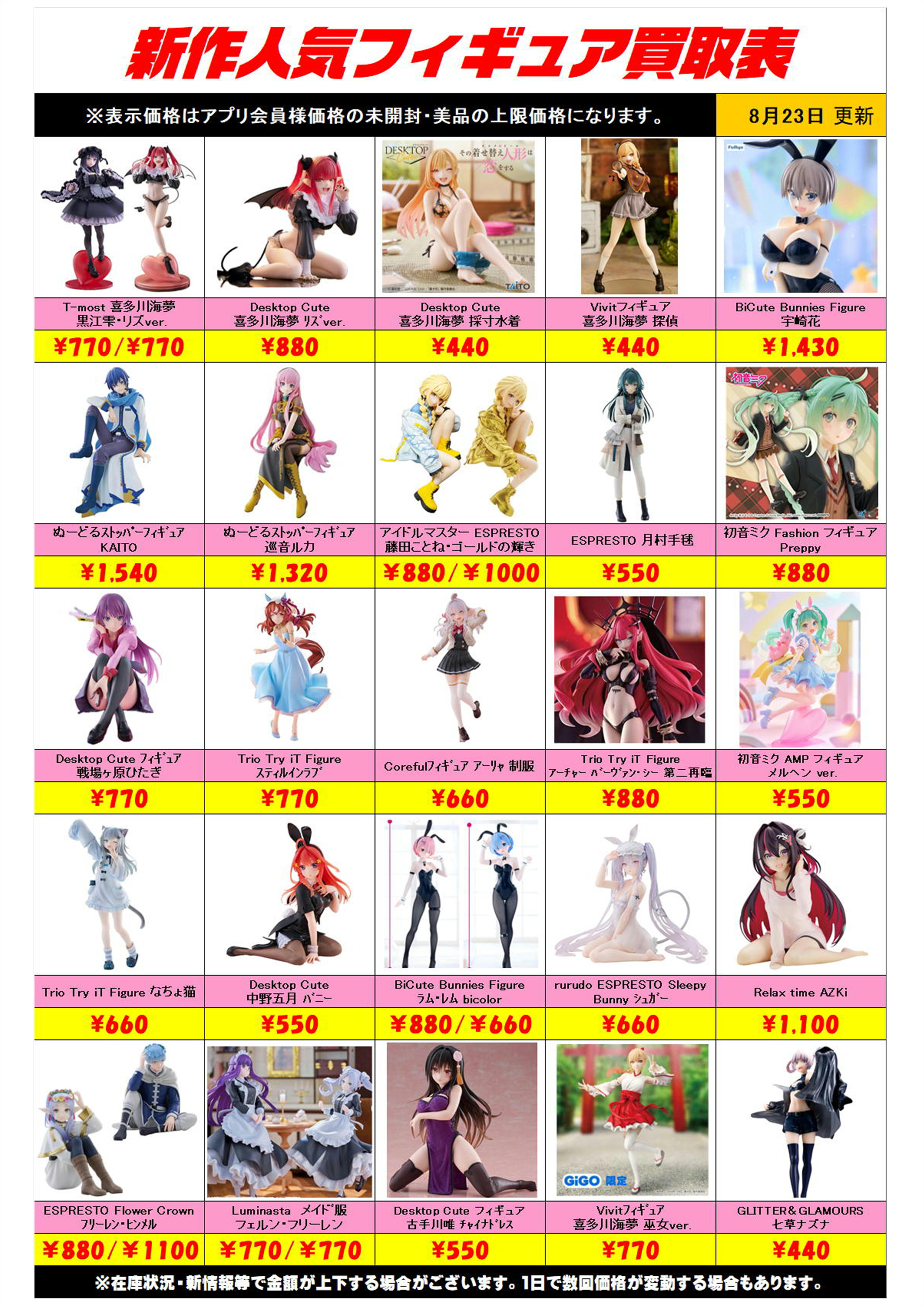 新作プライズフィギュア買取表更新しました！ 8/23～ プラスアップ 
