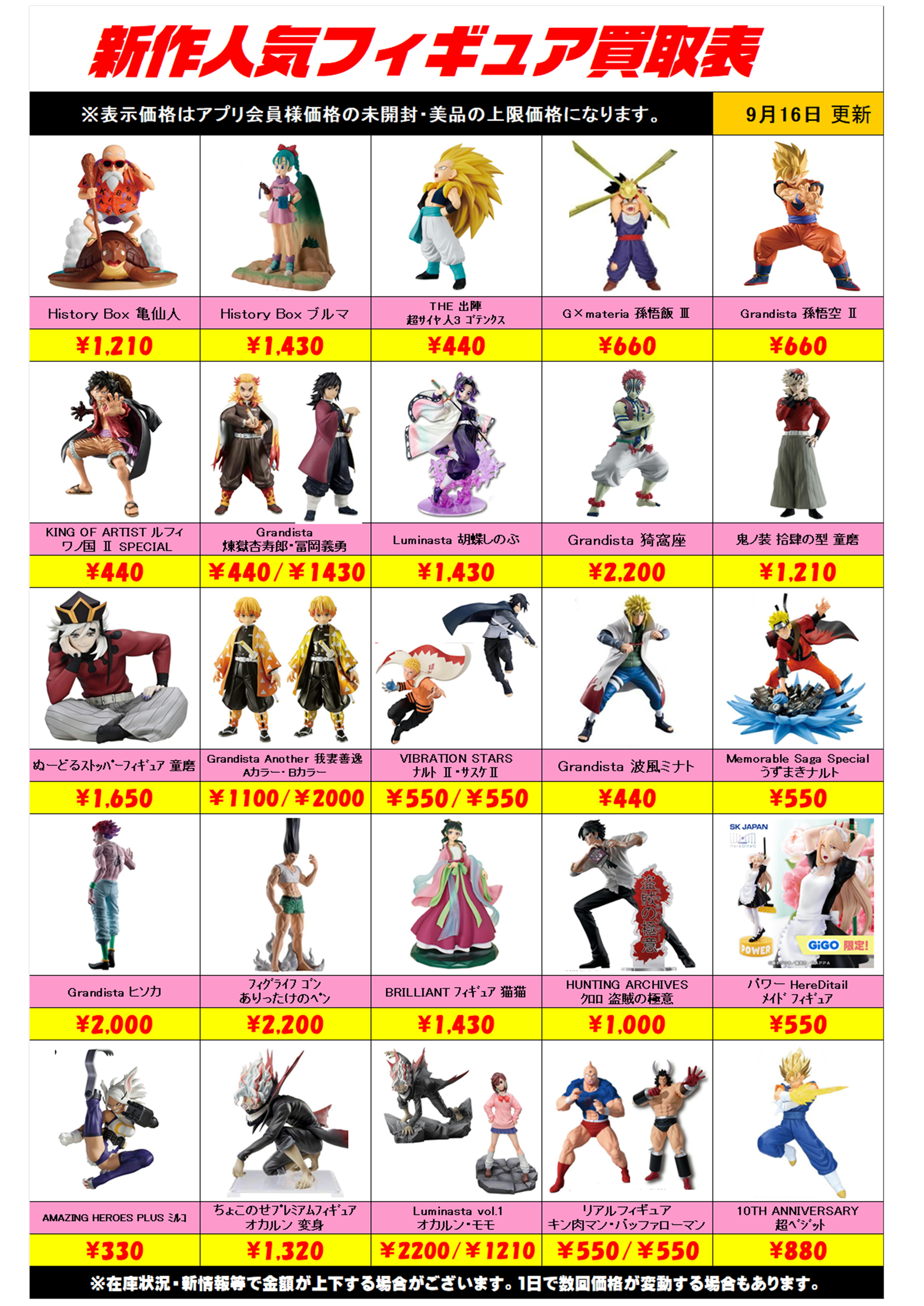 新作プライズフィギュア買取表更新しました！ 9/16～ プラスアップ 