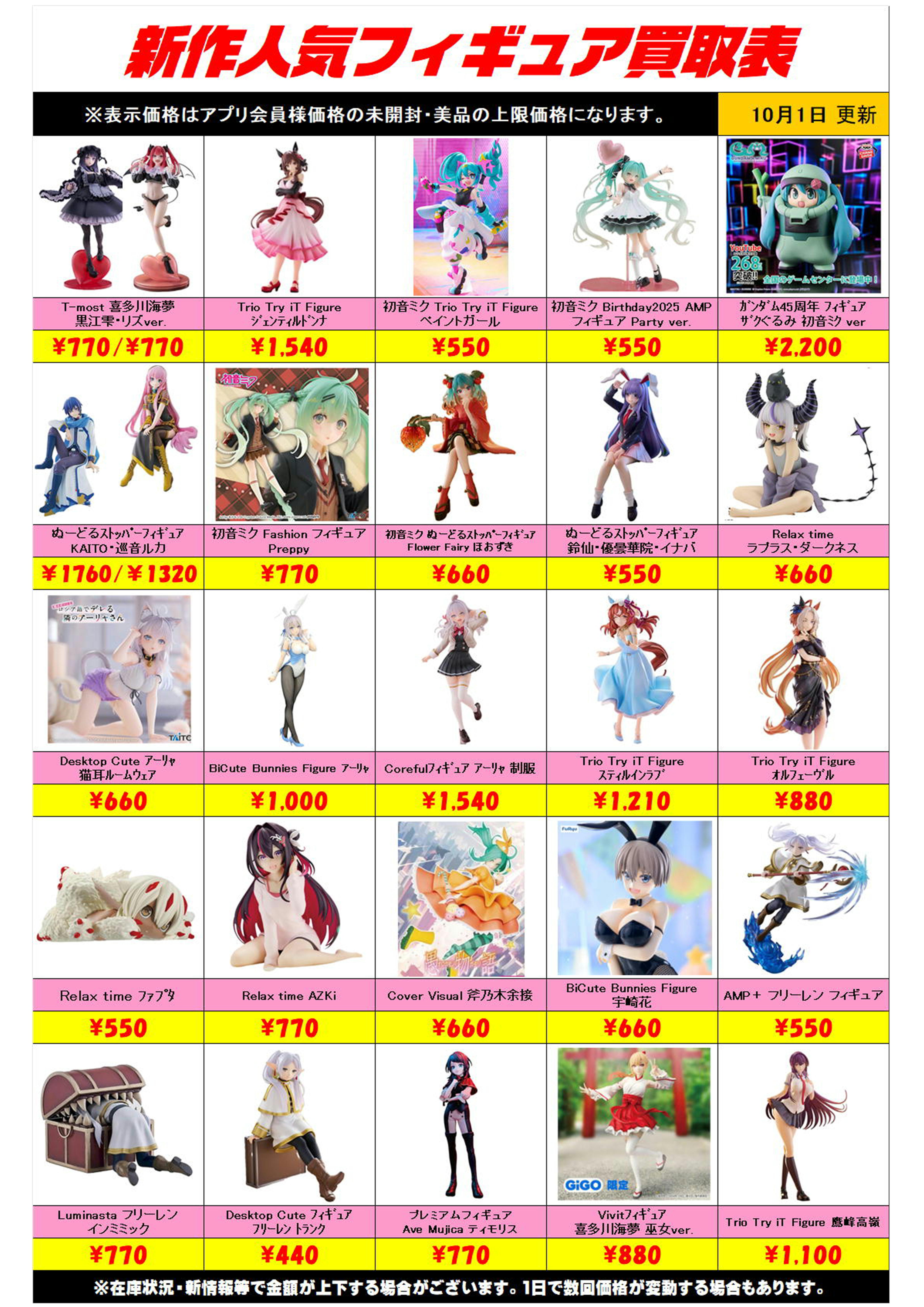 新作プライズフィギュア買取リスト更新しました！ 10/1～ プラスアップ 