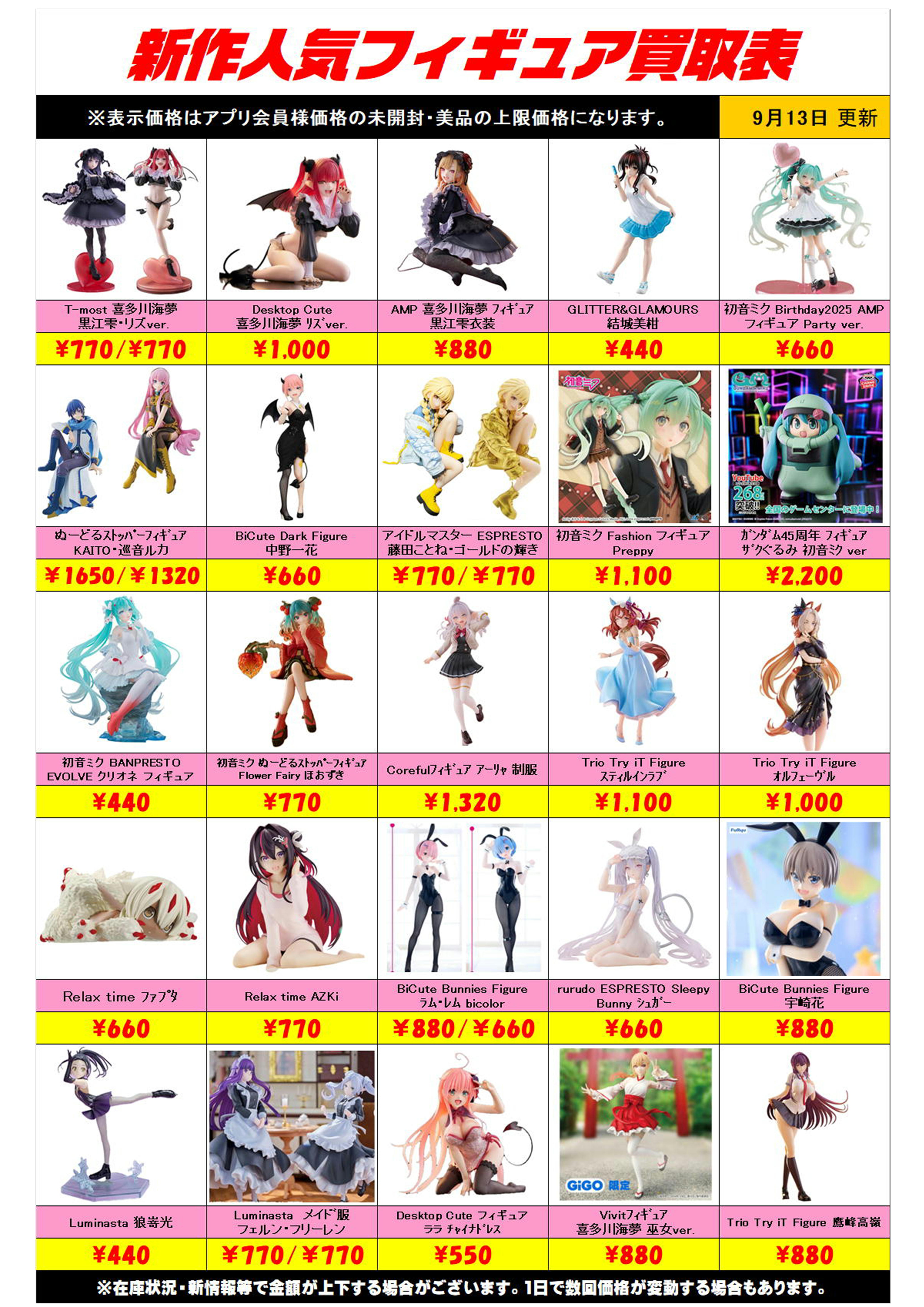 新作プライズフィギュア買取表更新しました！ 9/13～ プラスアップ 
