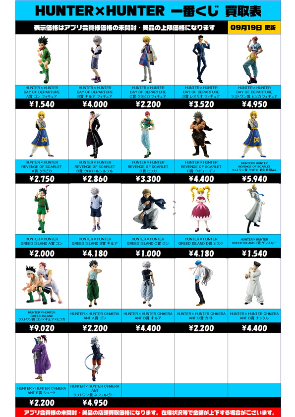 HUNTER×HUNTER一番くじ買取表 更新しました！ 9/19～ | 千葉鑑定団中央店