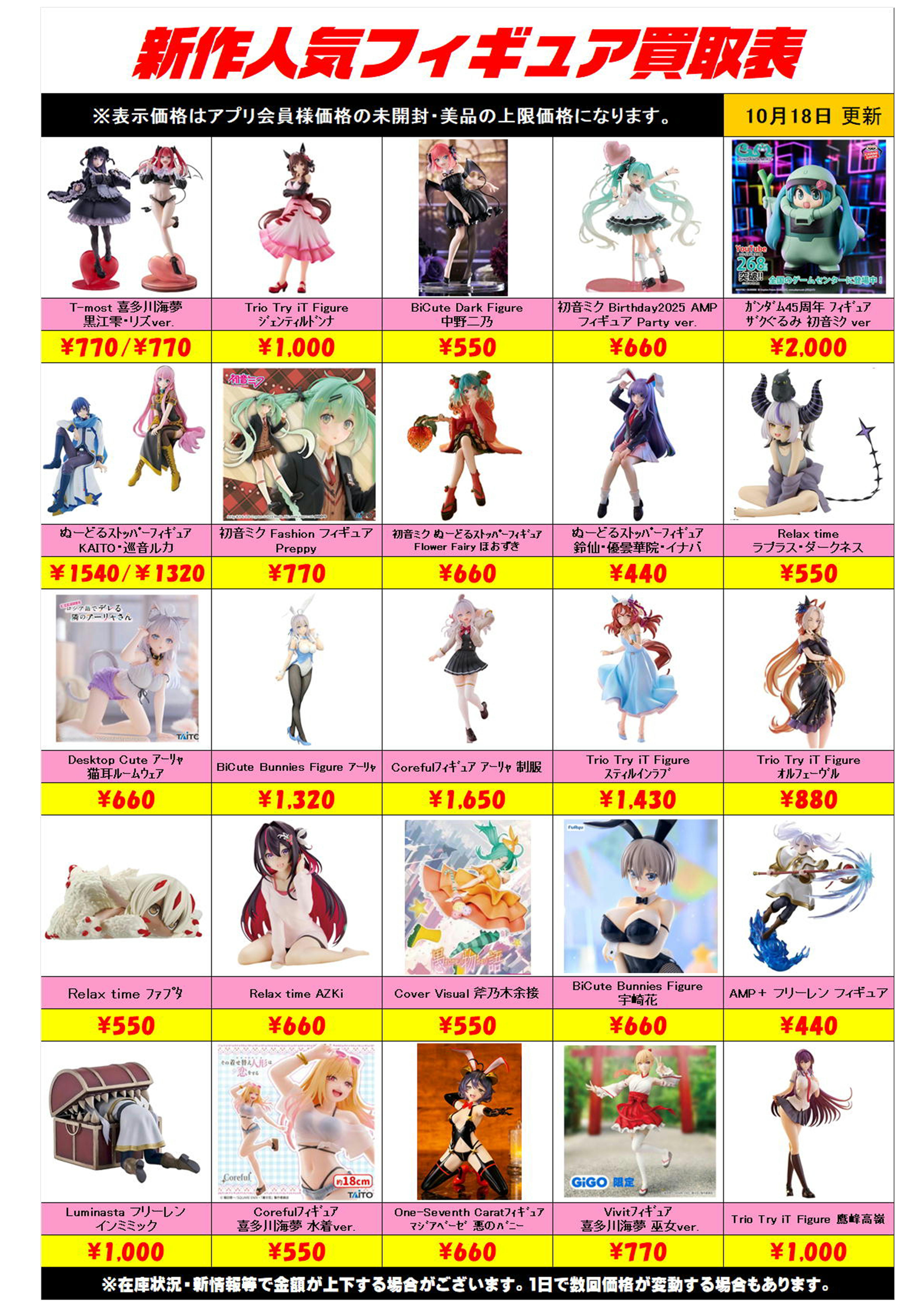 新作プライズフィギュア買取リスト更新しました！ 10/18～ プラス 