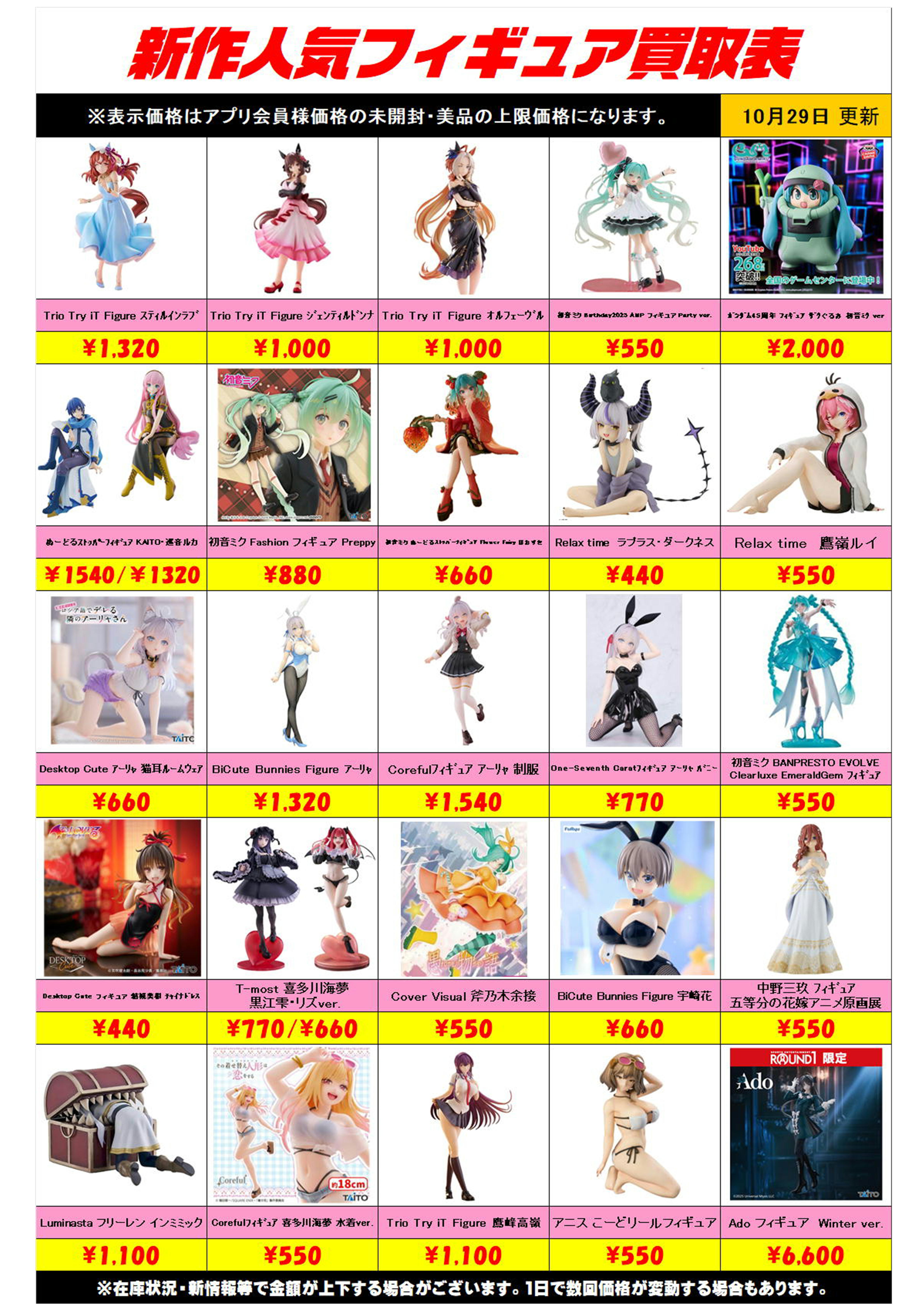新作プライズフィギュア買取リスト更新しました！ 10/29～ プラス 