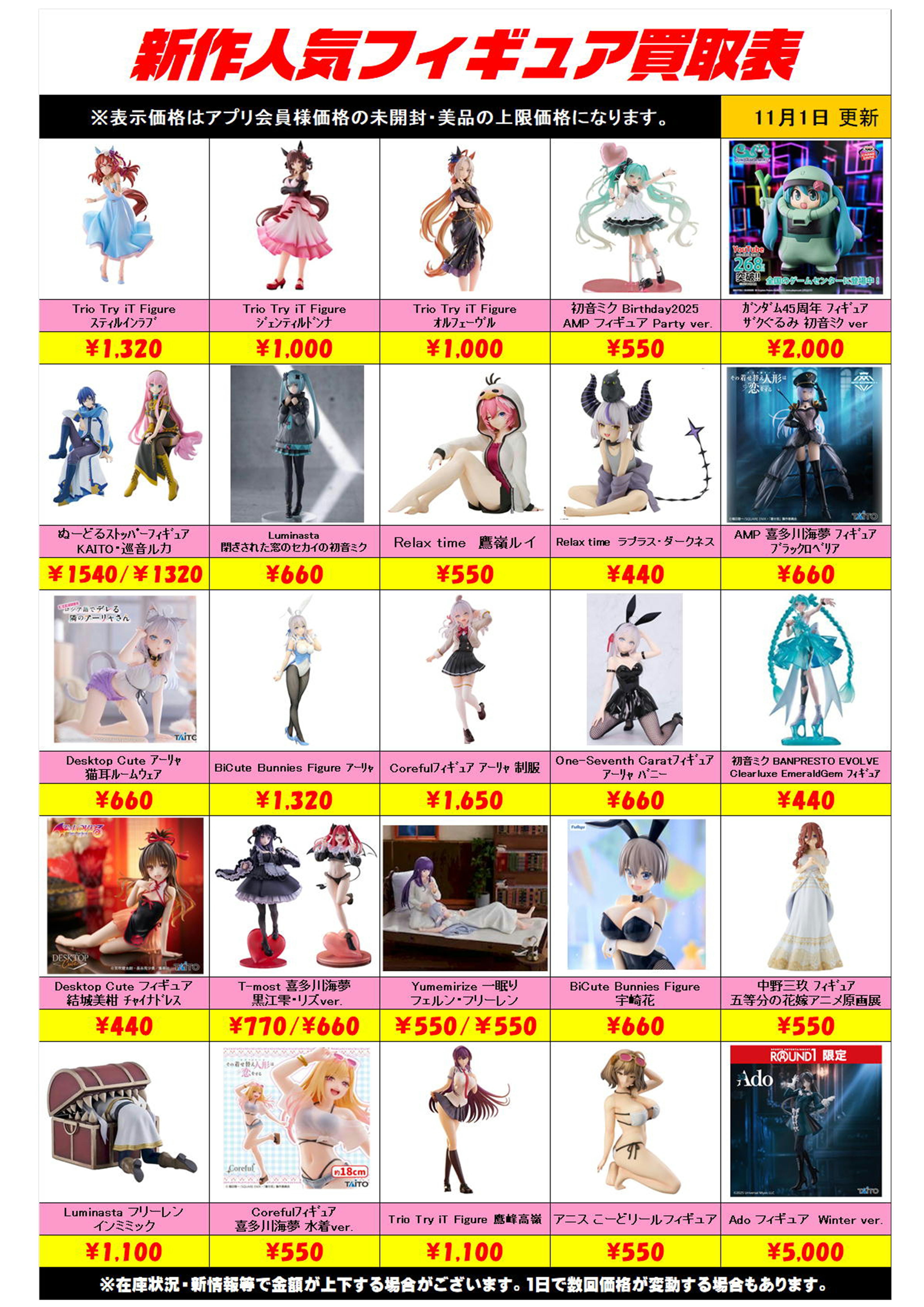 新作プライズフィギュア買取リスト更新しました！ 11/1～ プラスアップ 