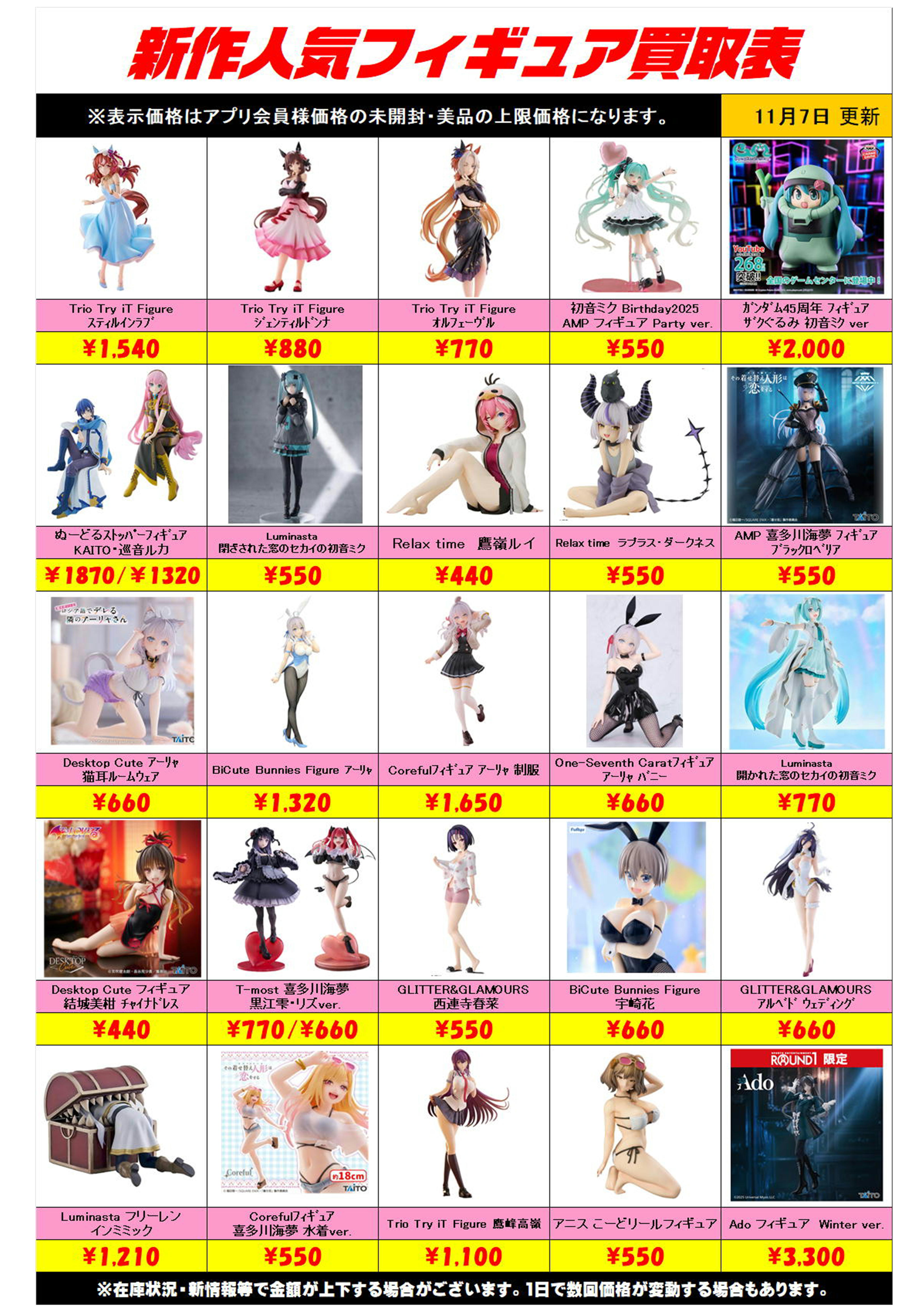一部再更新※ 新作プライズフィギュア買取リスト更新しました！ 11/7 