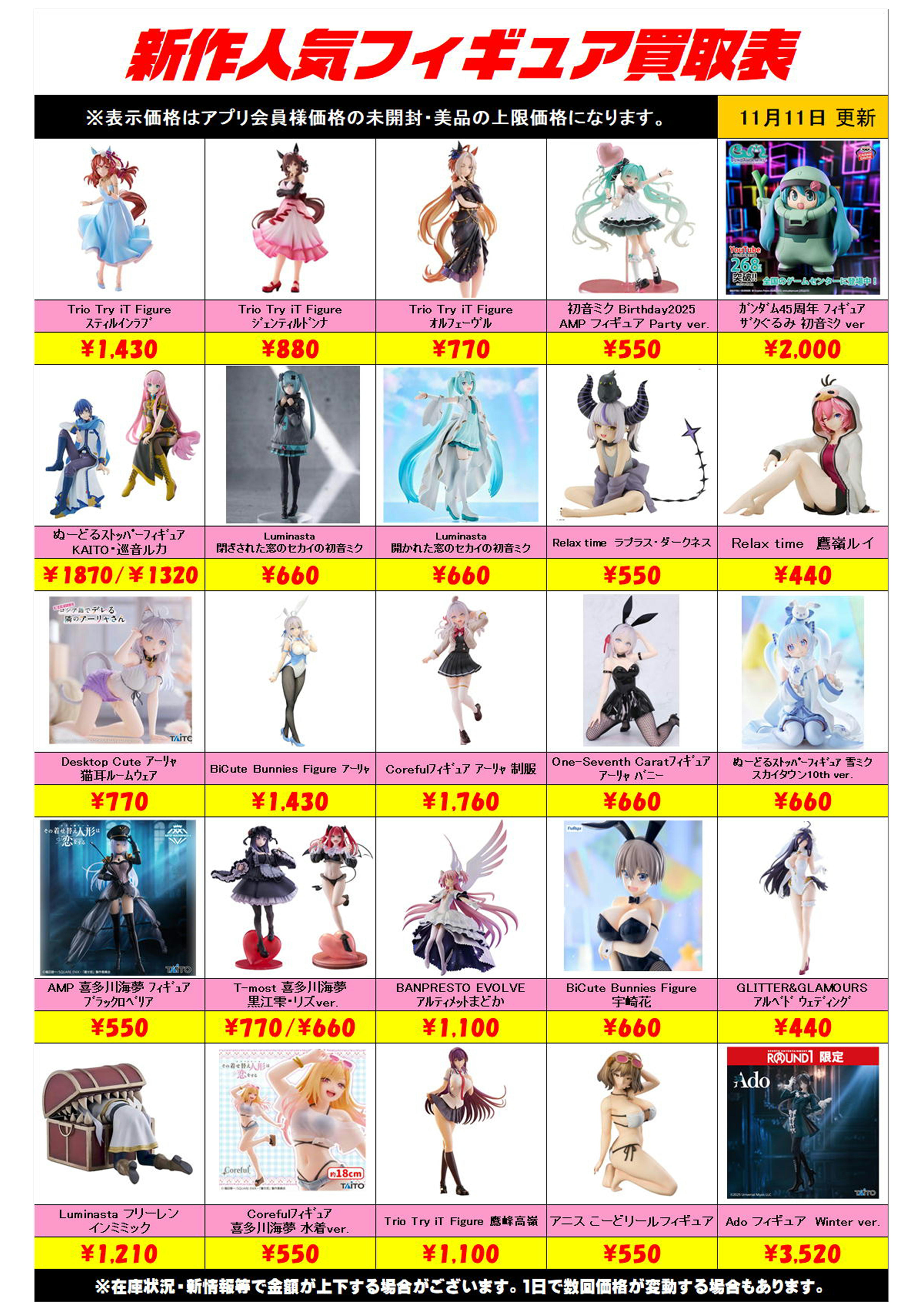 新作プライズフィギュア買取リスト更新しました！ 11/11～ プラス 