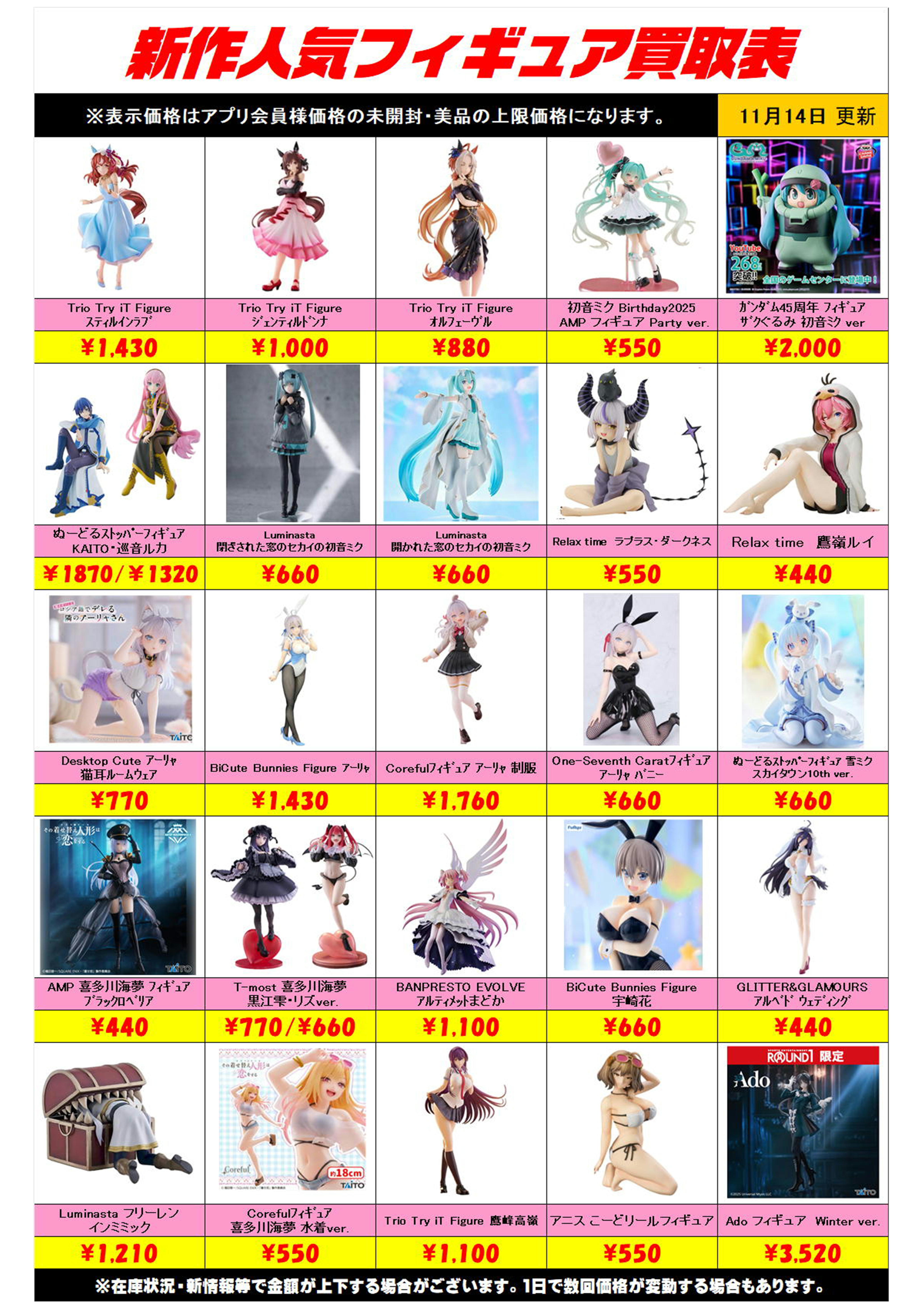 新作プライズフィギュア買取リスト更新しました！ 11/14～ プラス 
