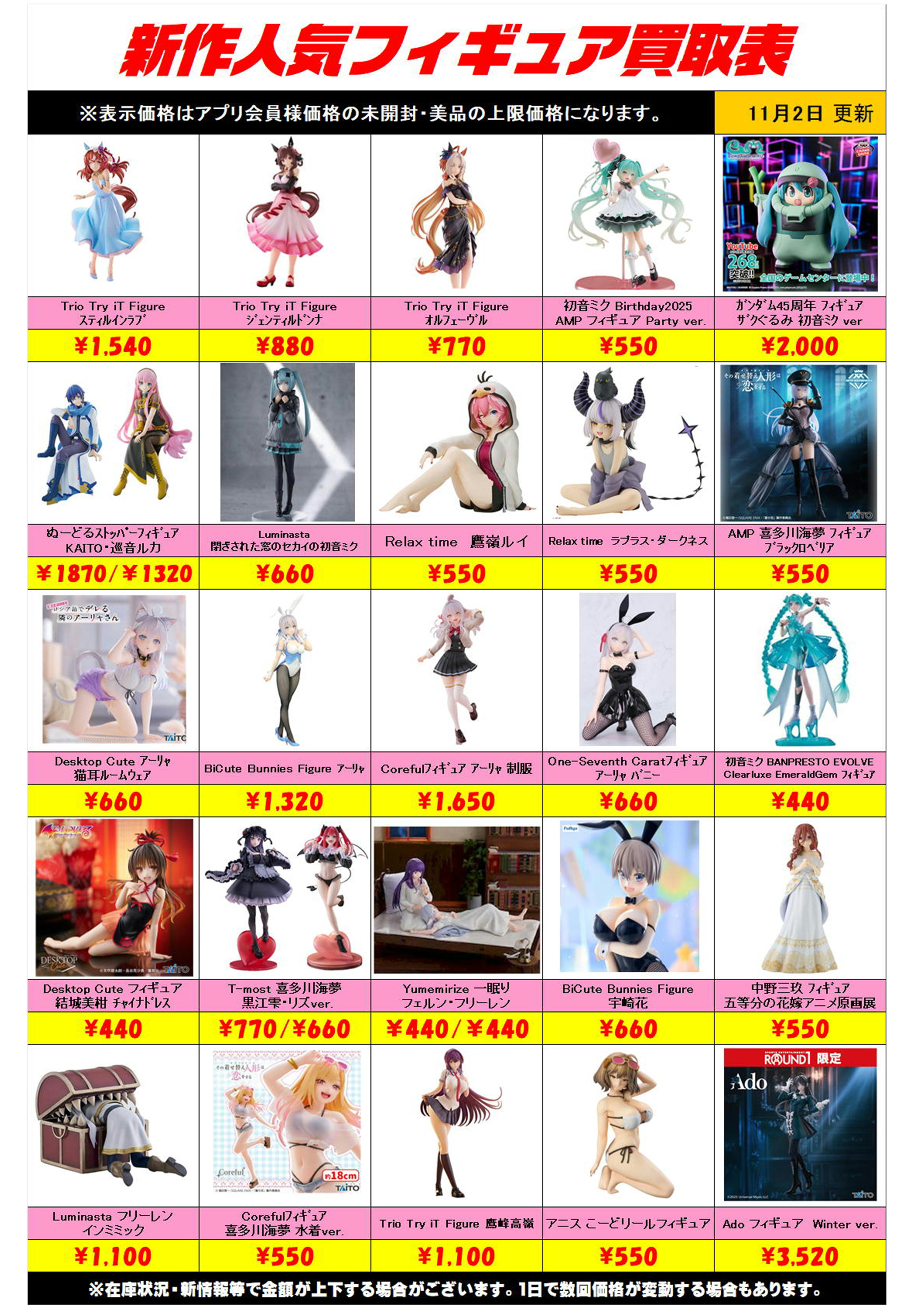 新作プライズフィギュア買取リスト更新しました！ 11/2～ プラスアップ 