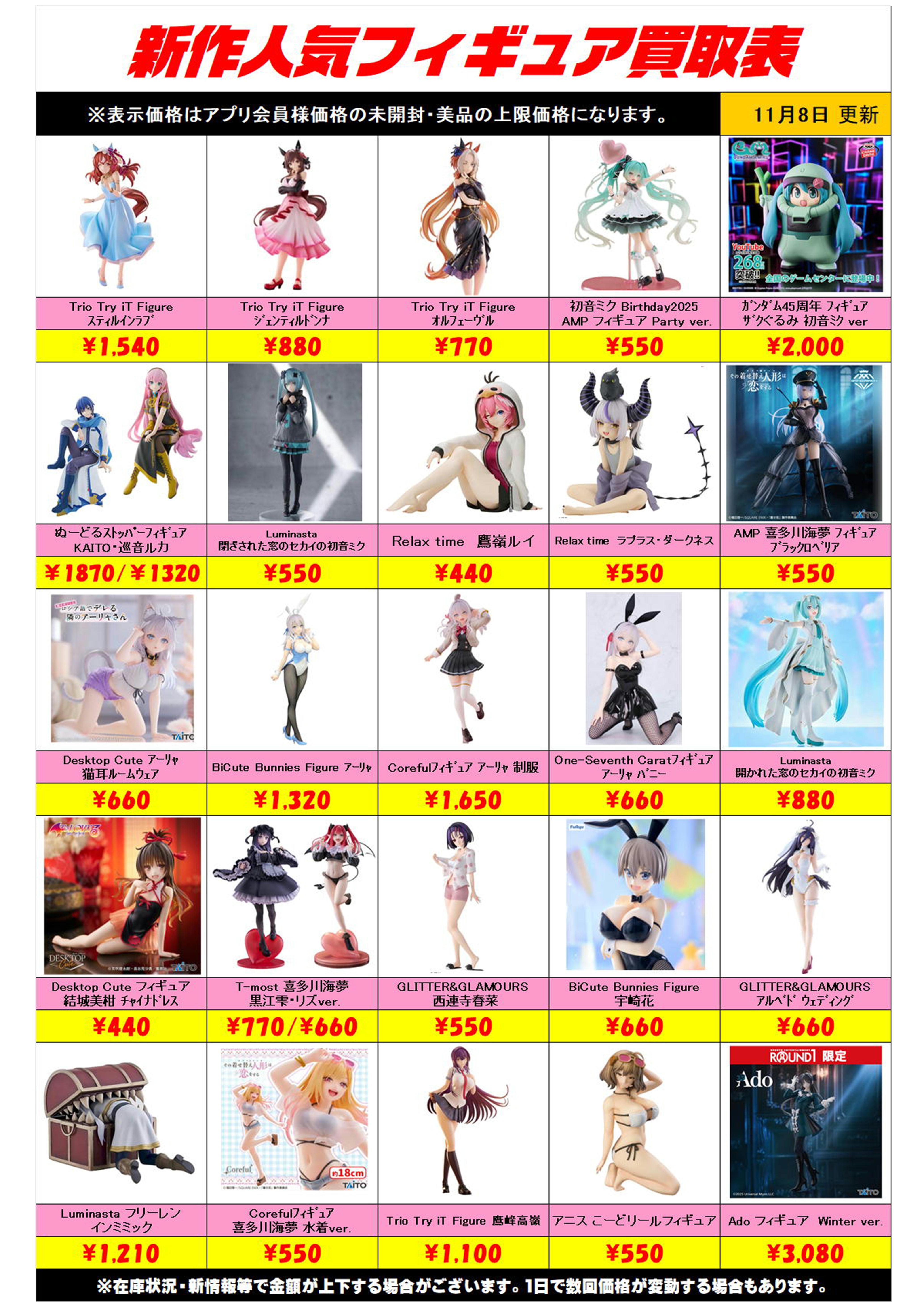 新作プライズフィギュア買取リスト更新しました！ 11/8～ プラスアップ 