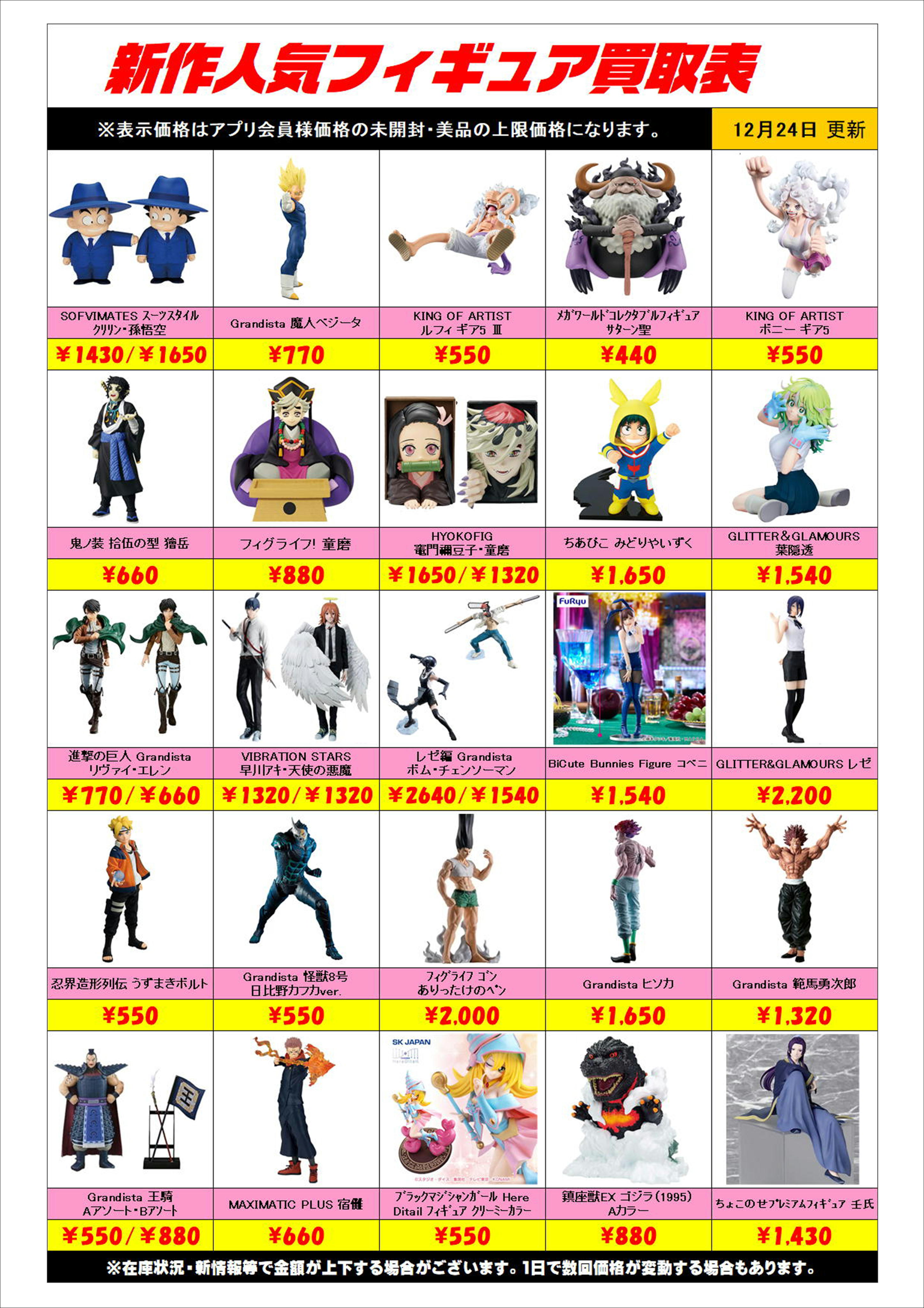 新作プライズフィギュア買取リスト更新しました！ 12/24～ プラス 