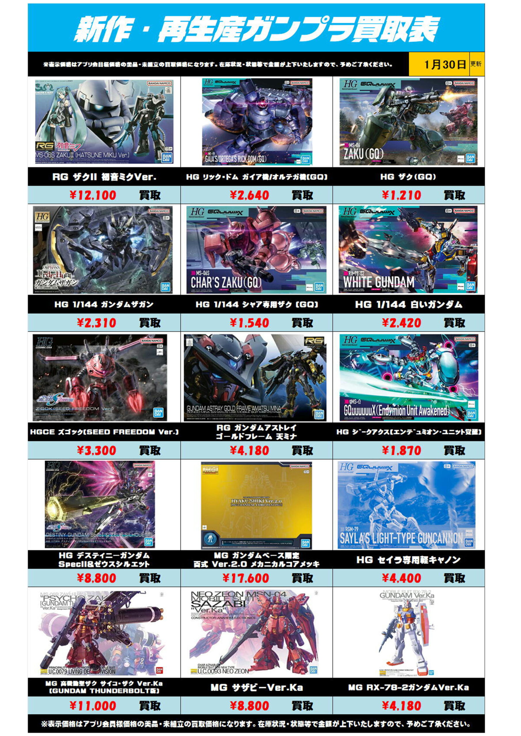 新作・再販ガンプラ買取リスト更新しました！ 1/30～ プラスアップ