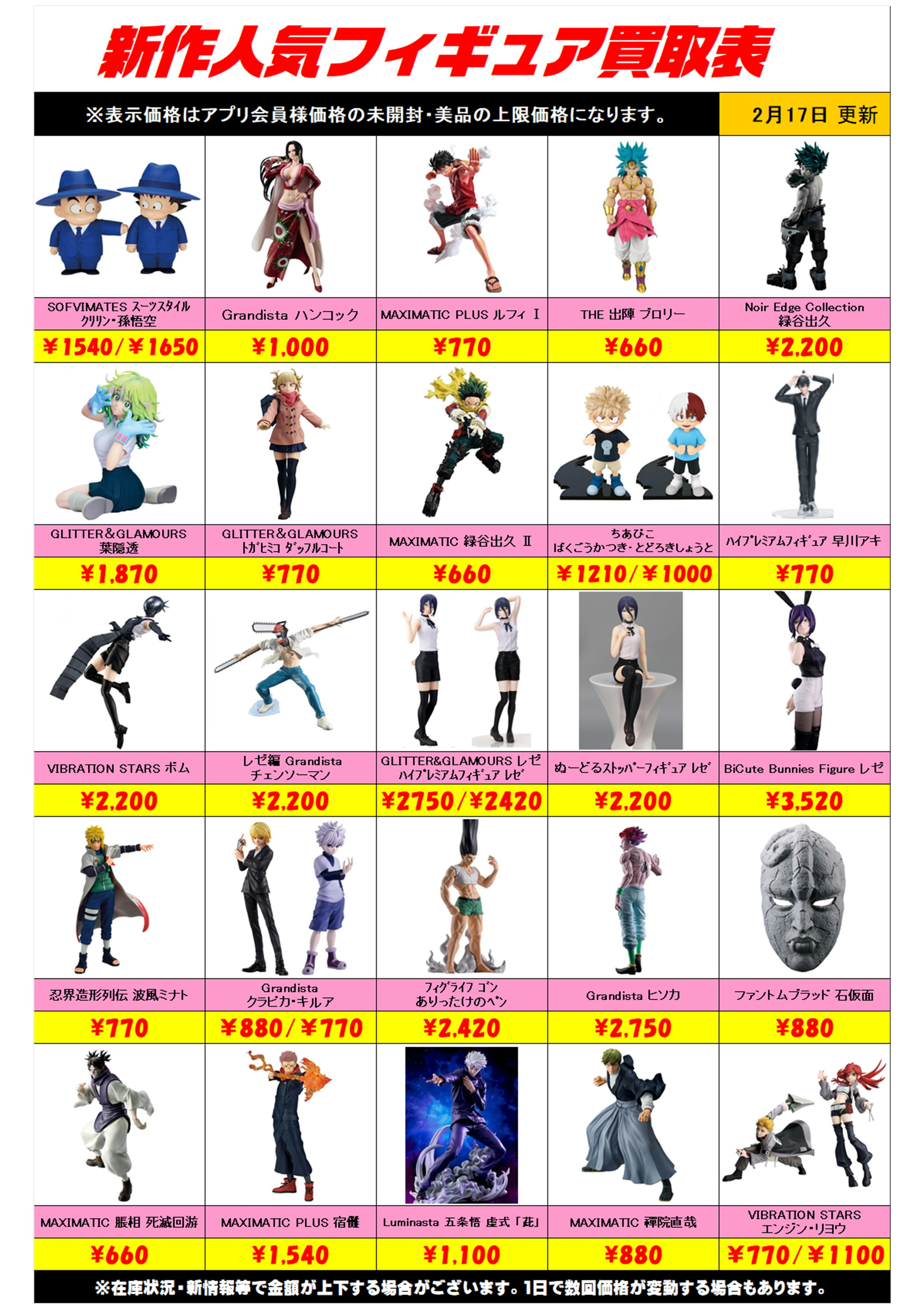 新作プライズフィギュア買取リスト更新しました！ 2/17～ プラスアップ 