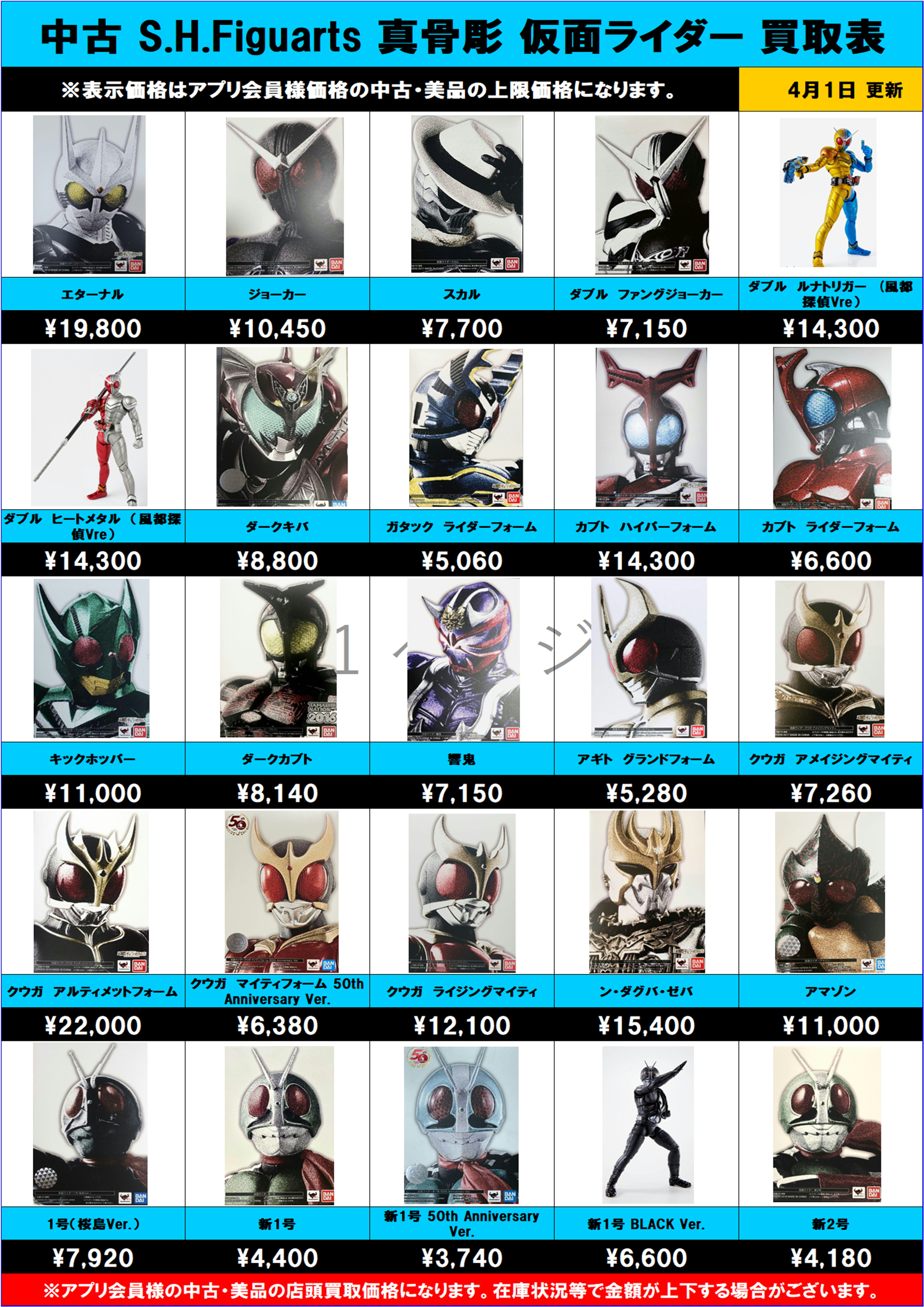 S.H.Figuarts 仮面ライダー 真骨彫 中古 買取表更新しました！ 4/1 